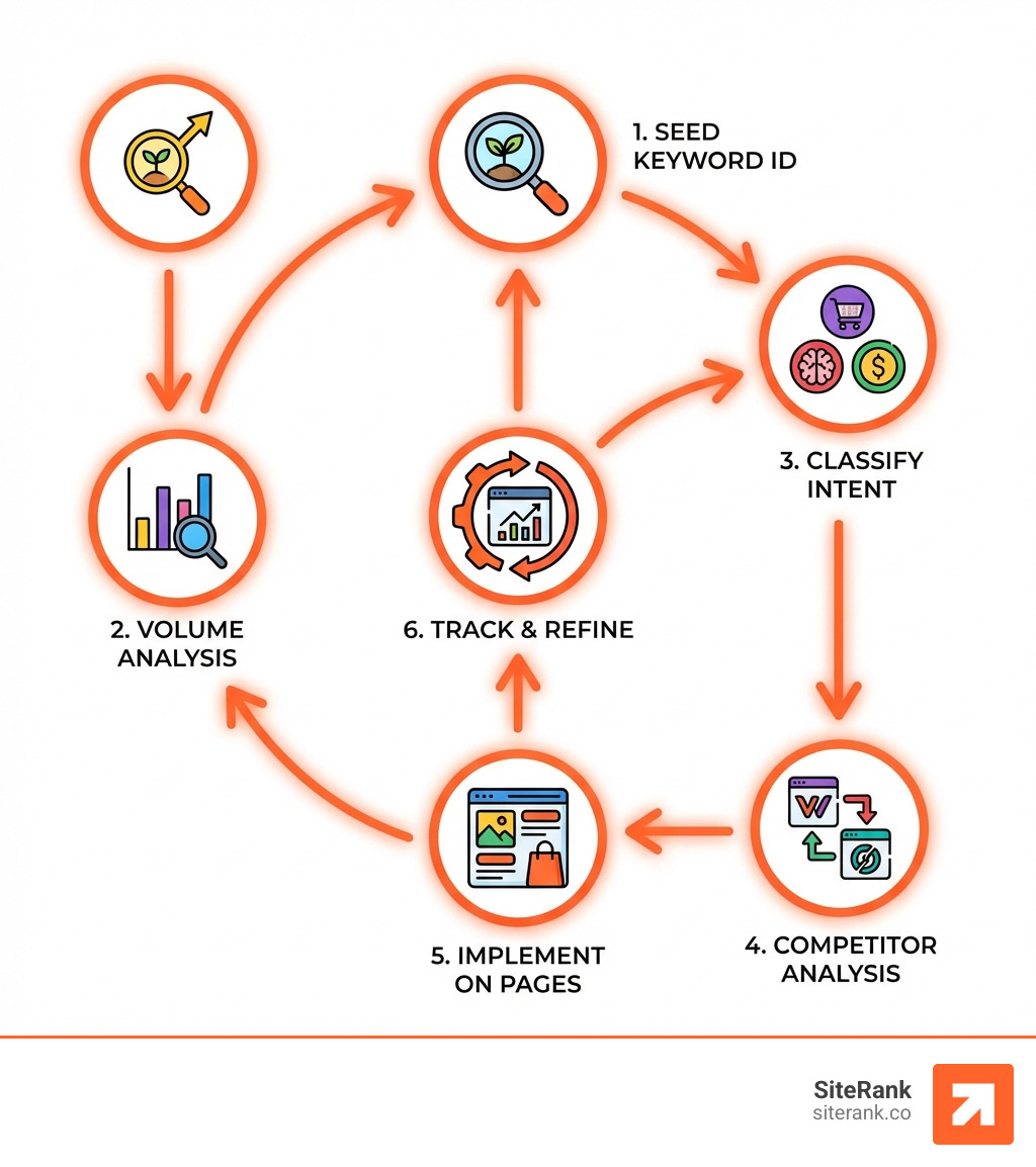 Ecommerce keyword research lifecycle showing stages from seed keyword identification through search volume analysis, intent classification, competitor analysis, and implementation on product pages with ongoing performance tracking and refinement - ecommerce keyword research infographic Ecommerce keyword research lifecycle showing stages from seed keyword identification through search volume analysis, intent classification, competitor analysis, and implementation on product pages with ongoing performance tracking and refinement - ecommerce keyword research infographic