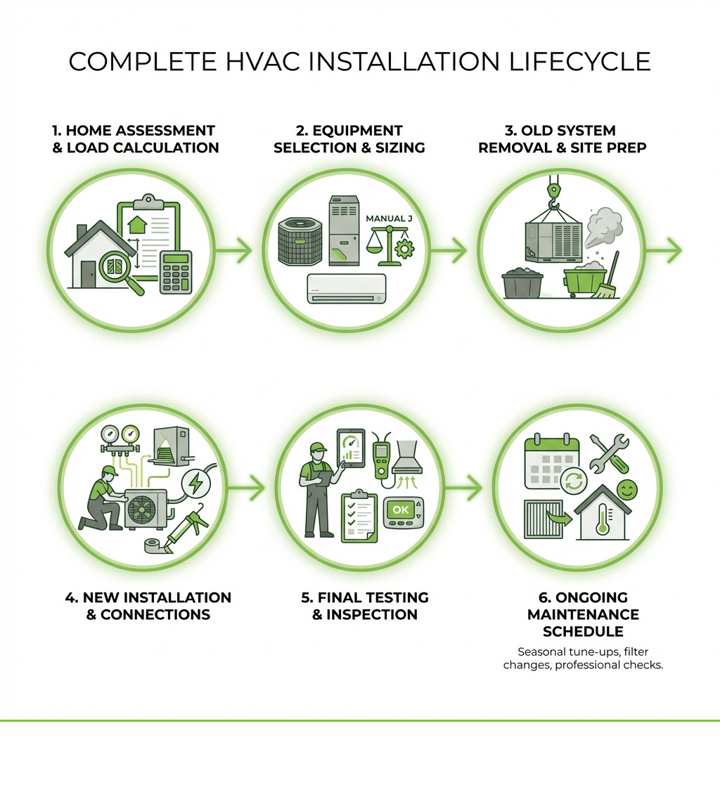 infographic showing the complete HVAC installation lifecycle from initial home assessment and load calculation, through equipment selection and sizing, old system removal, new system installation with ductwork sealing and refrigerant charging, electrical connections and thermostat setup, final testing and inspection, and ongoing maintenance schedule - ac and heating installation infographic 