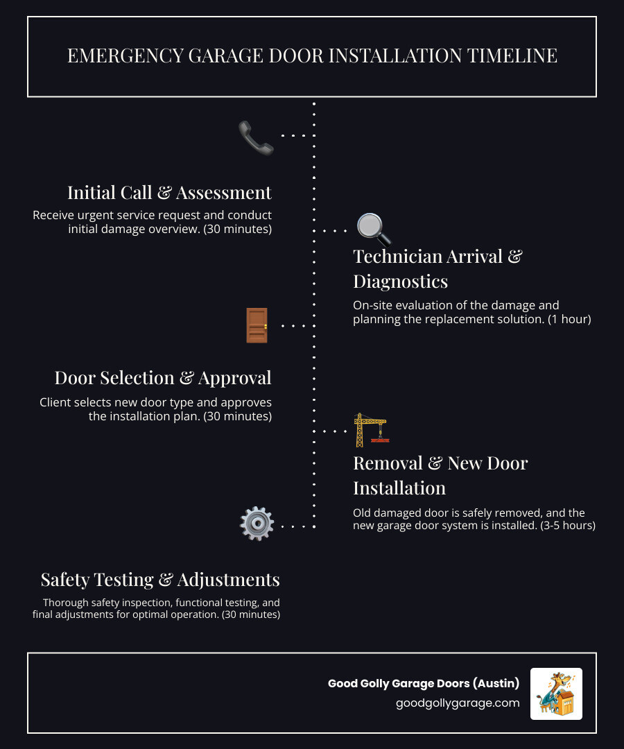 Infographic showing the emergency garage door installation timeline: Initial call and assessment (30 minutes), technician arrival and diagnostics (1 hour), door selection and approval (30 minutes), removal of damaged door (1-2 hours), installation of new door and hardware (2-3 hours), safety testing and adjustments (30 minutes), total time for standard installation: 4-6 hours - emergency garage door installation in pflugerville tx infographic infographic-line-5-steps-dark Infographic showing the emergency garage door installation timeline: Initial call and assessment (30 minutes), technician arrival and diagnostics (1 hour), door selection and approval (30 minutes), removal of damaged door (1-2 hours), installation of new door and hardware (2-3 hours), safety testing and adjustments (30 minutes), total time for standard installation: 4-6 hours - emergency garage door installation in pflugerville tx infographic infographic-line-5-steps-dark
