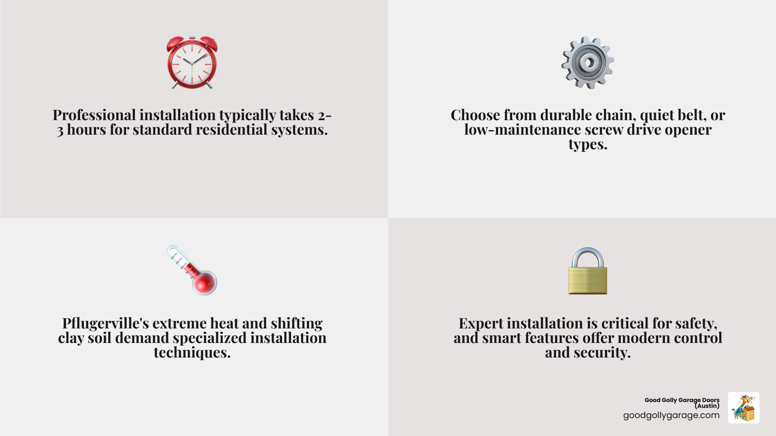 Infographic showing the key components of a garage door opener system including the motor unit mounted to the ceiling, drive mechanism (chain, belt, or screw), rail extending to the door, safety sensors at ground level, wall-mounted control panel, and remote transmitter, with labels indicating typical installation timeline of 2-3 hours and key features like automatic reversal, smartphone connectivity, and battery backup options - garage door opener installation in pflugerville tx infographic 4_facts_emoji_grey Infographic showing the key components of a garage door opener system including the motor unit mounted to the ceiling, drive mechanism (chain, belt, or screw), rail extending to the door, safety sensors at ground level, wall-mounted control panel, and remote transmitter, with labels indicating typical installation timeline of 2-3 hours and key features like automatic reversal, smartphone connectivity, and battery backup options - garage door opener installation in pflugerville tx infographic 4_facts_emoji_grey