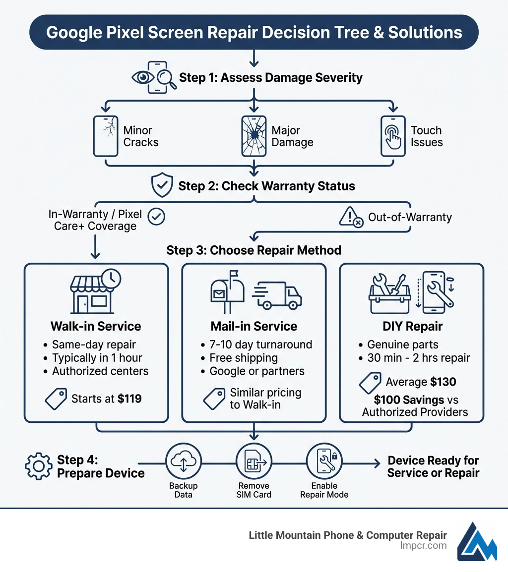 Infographic showing the decision tree for Google Pixel screen repair: Step 1 - Assess damage severity (minor cracks, major damage, or touch issues). Step 2 - Check warranty status (in-warranty, out-of-warranty, or Pixel Care+ coverage). Step 3 - Choose repair method (walk-in service for same-day repair in 1 hour, mail-in service for 7-10 day turnaround with free shipping, or DIY repair with genuine parts averaging $130 and 30 minutes to 2 hours repair time). Step 4 - Prepare device (backup data, remove SIM card, enable Repair Mode if available). Includes cost comparison showing walk-in starting at $119, mail-in at similar pricing, and DIY averaging $130 with $100 savings versus authorized providers. - Google Pixel screen repair infographic 