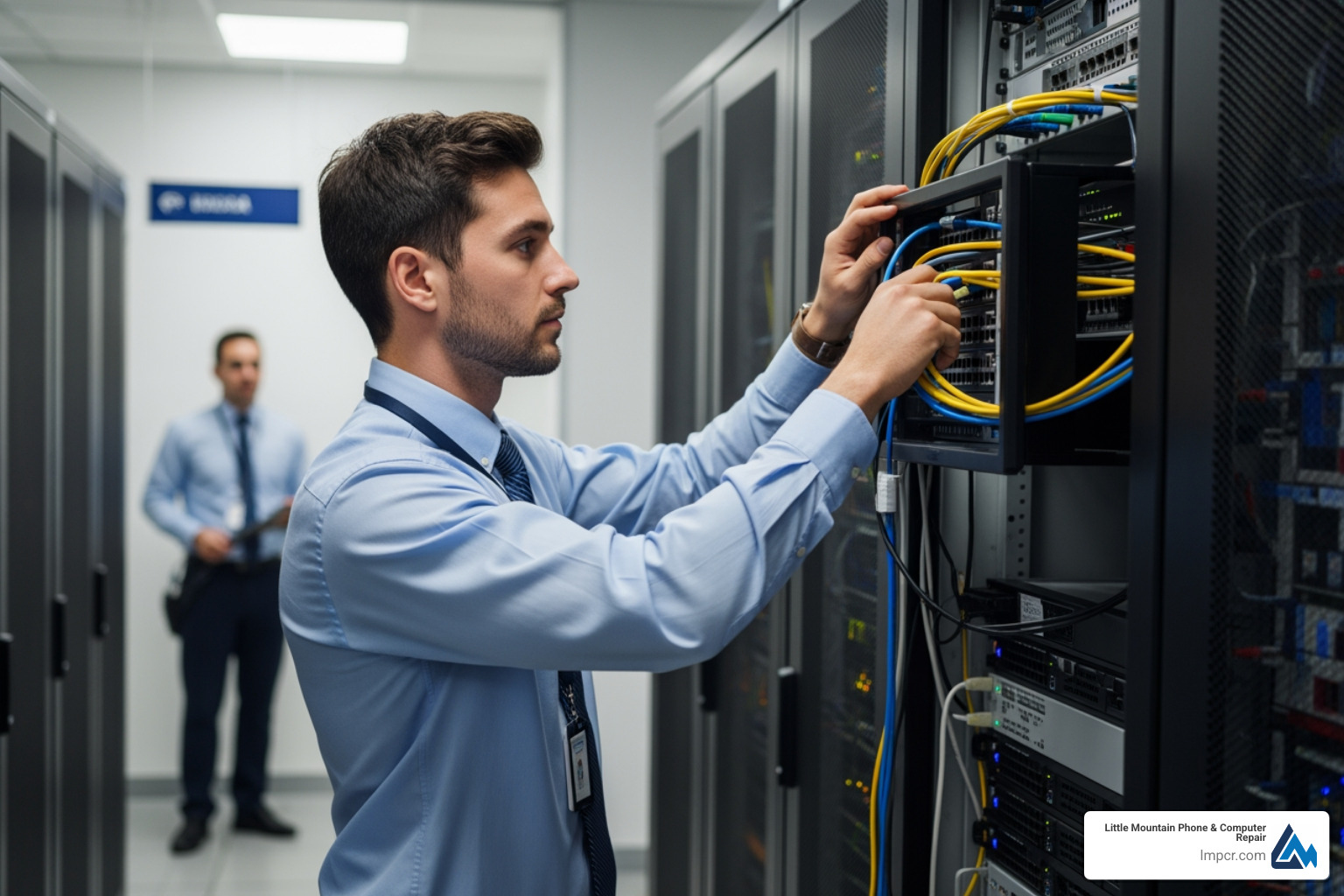 technician configuring a business network - computer mobile repair