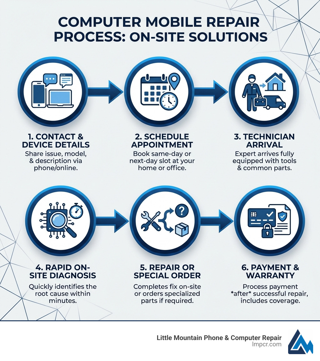 Infographic showing the computer mobile repair process: 1) Contact technician with device details and issue description, 2) Schedule same-day or next-day appointment at your location, 3) Technician arrives with tools and common replacement parts, 4) On-site diagnosis identifies the problem within minutes, 5) Technician completes repair or orders specialized parts if needed, 6) Payment processed after successful repair with warranty coverage - computer mobile repair infographic 