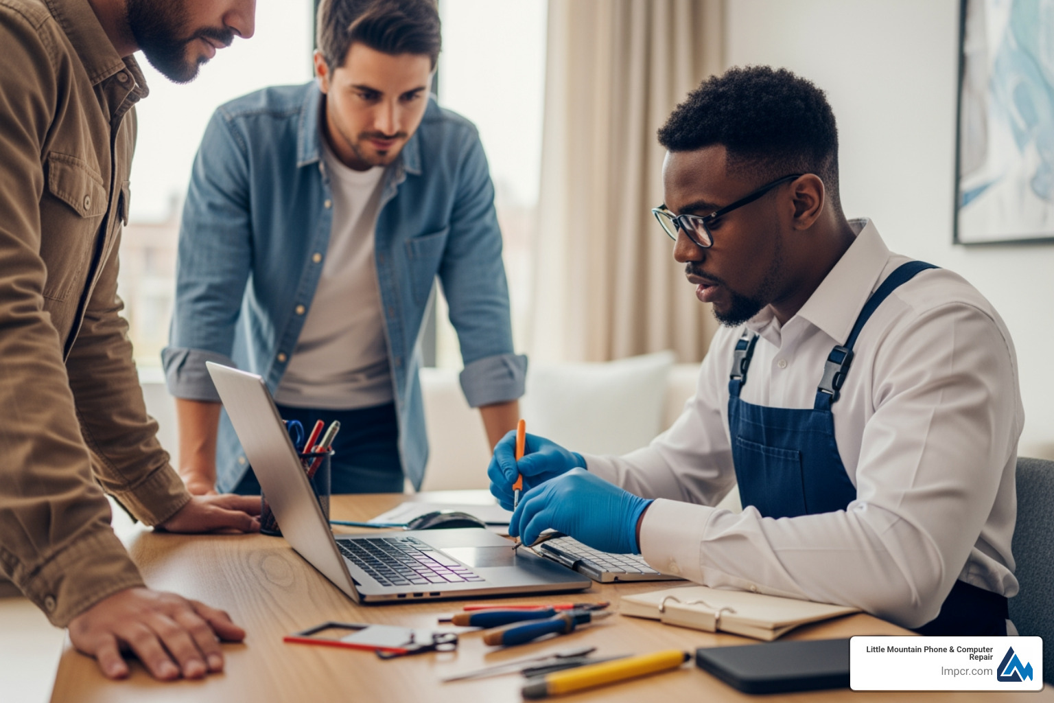 customer watching technician work - computer repair home service