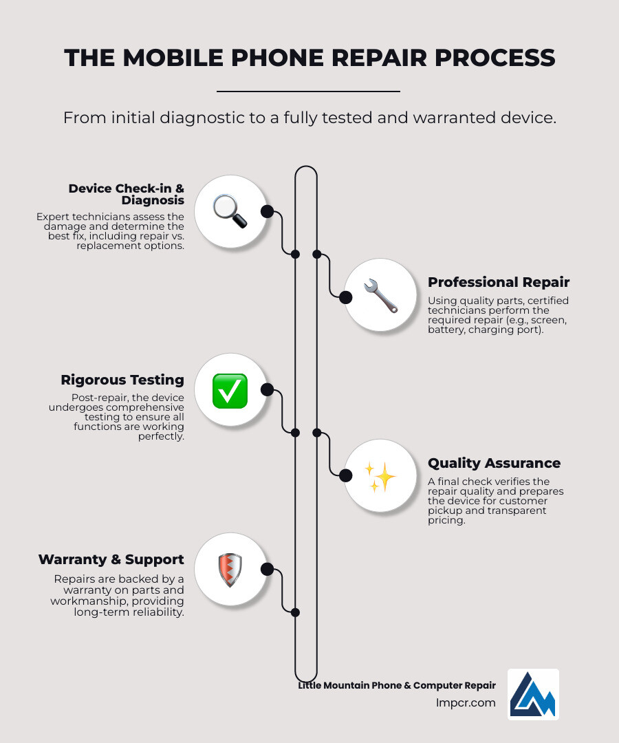 infographic showing the mobile phone repair process from initial diagnostic through testing and warranty, including average timeframes for common repairs like screen replacement 30-60 minutes, battery swap under 1 hour, water damage 24-72 hours, and key decision points for repair versus replacement - Mobile phone fix infographic infographic-line-5-steps-elegant_beige