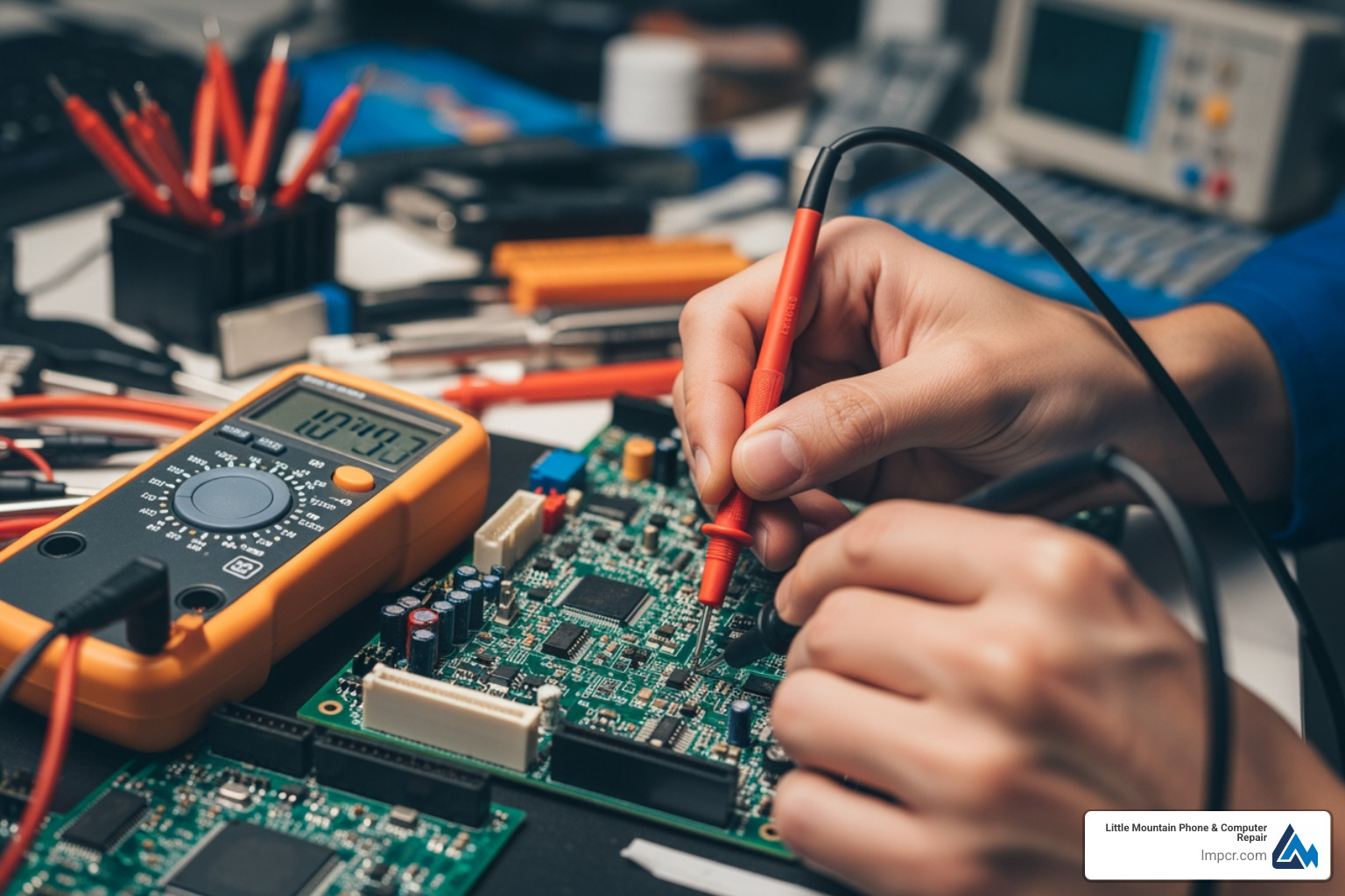 technician using diagnostic tools on a circuit board - computer board repair
