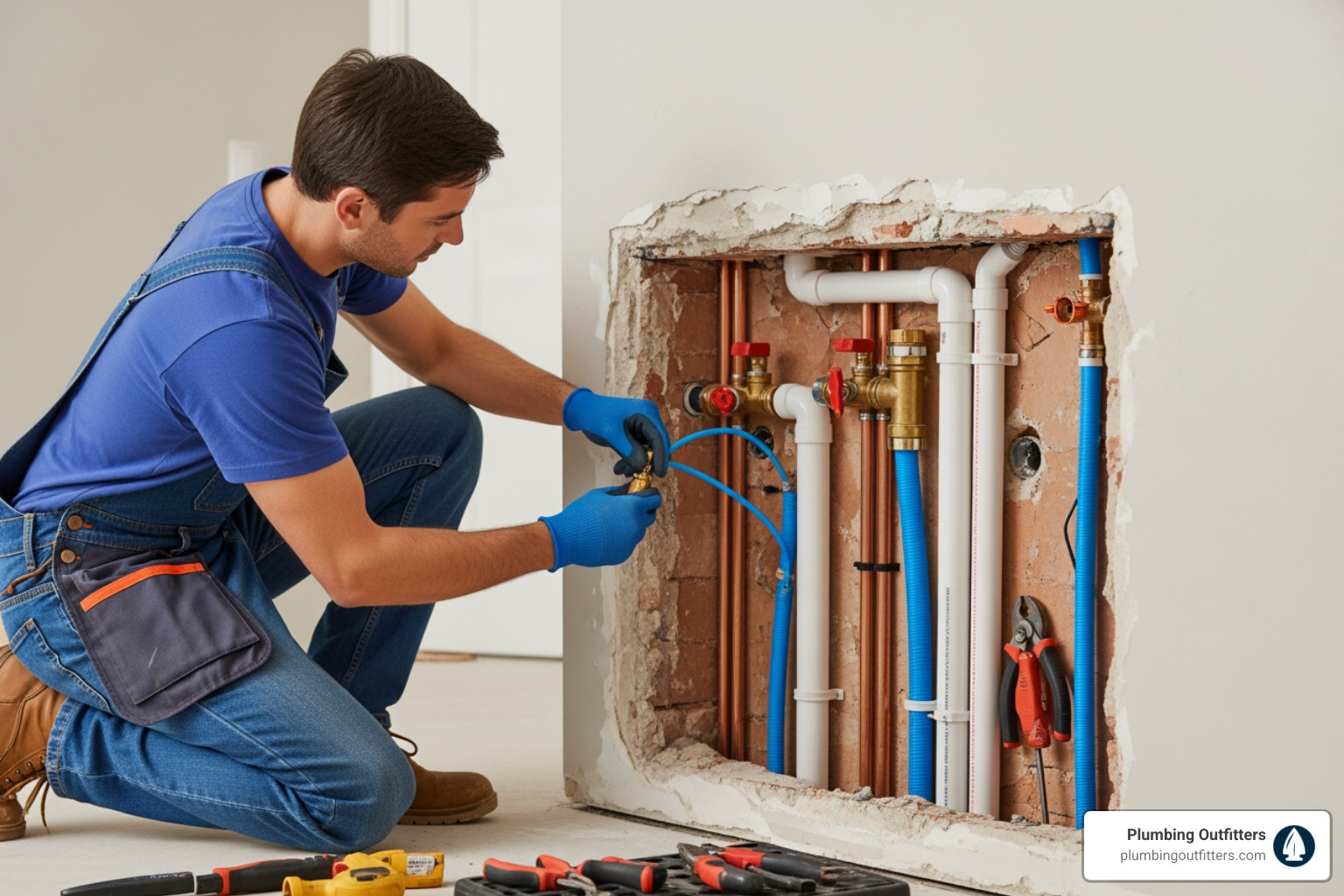 Infographic showing the repiping lifecycle including inspection and diagnosis, material selection, pipe installation, pressure testing, and final restoration with drywall repair Plumber installing new piping system in home, showcasing modern plumbing materials, tools, and repiping process relevant to plumbing services in Leander, TX.