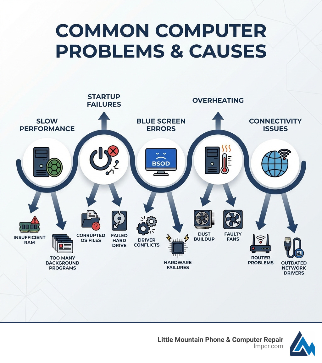 infographic showing common computer problems including slow performance caused by insufficient RAM and too many background programs, startup failures caused by corrupted OS files or failed hard drives, blue screen errors caused by driver conflicts and hardware failures, overheating caused by dust buildup and faulty fans, and connectivity issues caused by router problems and outdated network drivers - Quick computer fix infographic 