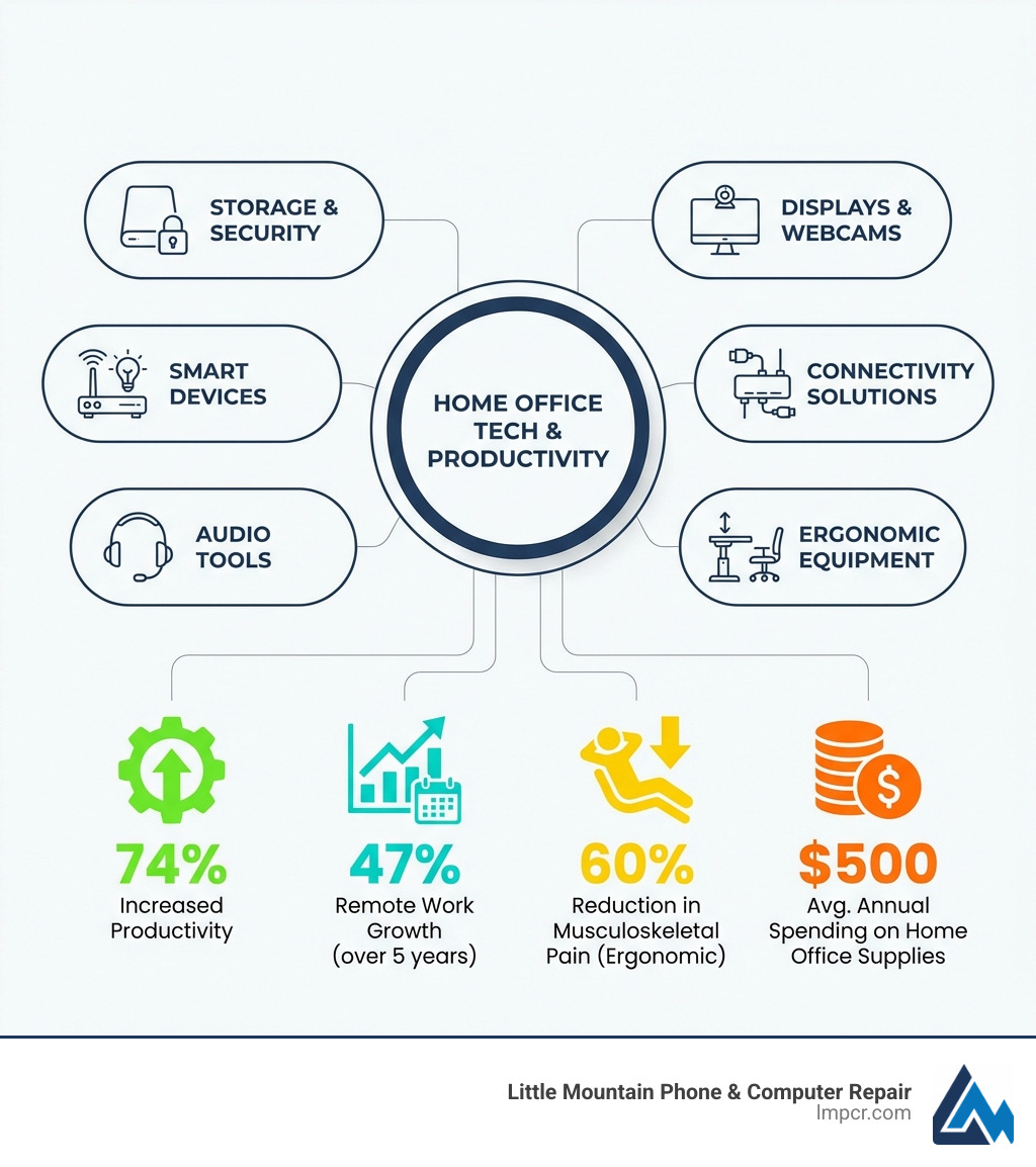 infographic showing home office tech categories with productivity statistics: 74% increased productivity, 47% growth in remote work over 5 years, 60% reduction in musculoskeletal pain with ergonomic equipment, $500 average annual spending on home office supplies - Home office tech infographic infographic showing home office tech categories with productivity statistics: 74% increased productivity, 47% growth in remote work over 5 years, 60% reduction in musculoskeletal pain with ergonomic equipment, $500 average annual spending on home office supplies - Home office tech infographic