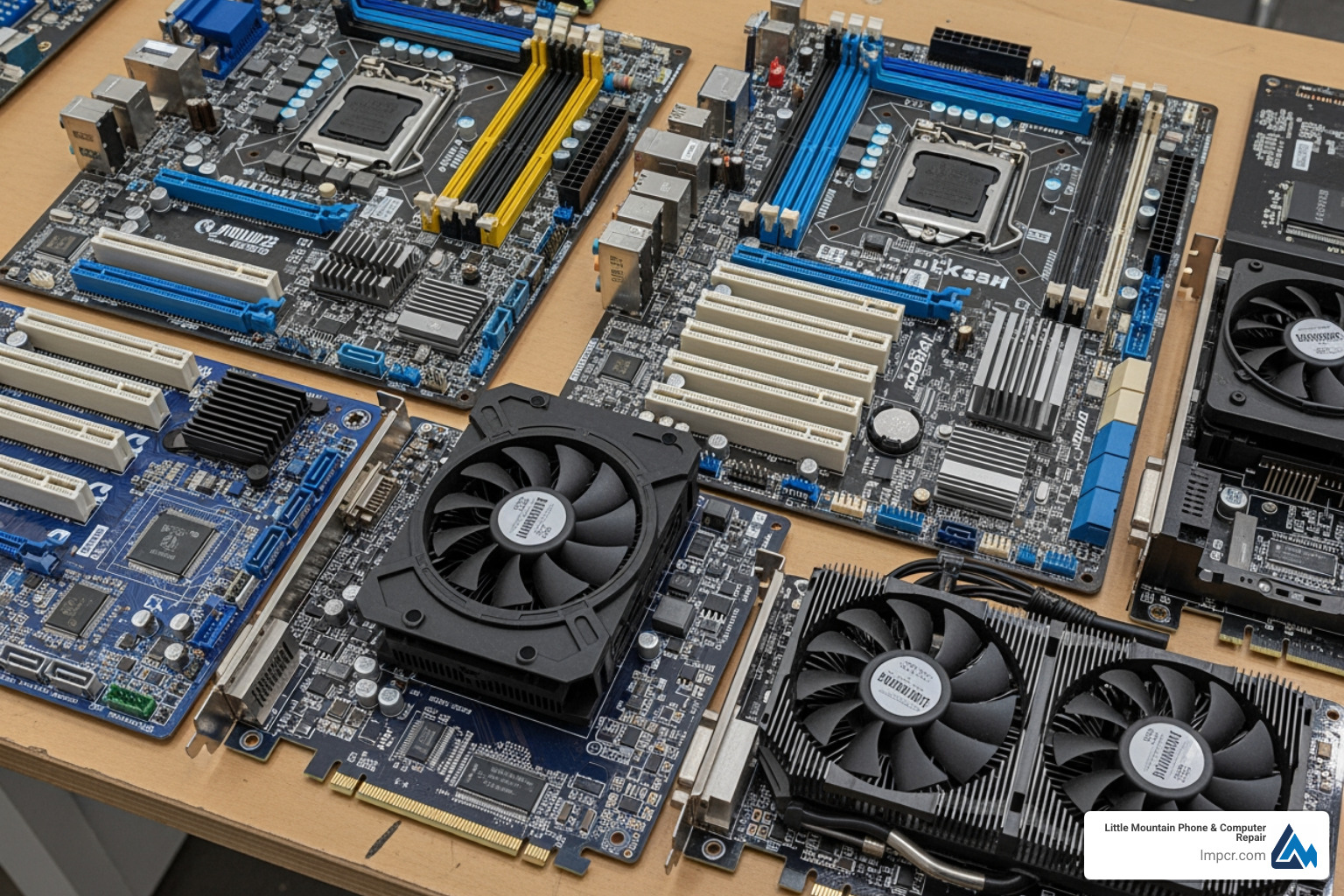 various electronic circuit boards including GPUs and motherboards - computer board repair near me