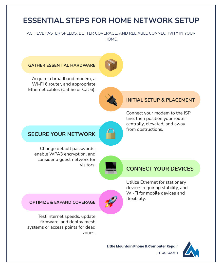 infographic showing the essential components of home network setup including modem connection to ISP, router placement in central location, wired connections via Ethernet cables to stationary devices like desktop computers and smart TVs, wireless connections to mobile devices, optional mesh satellites for extended coverage, and security settings including WPA3 encryption and guest network isolation - Home network setup infographic infographic-line-5-steps-colors
