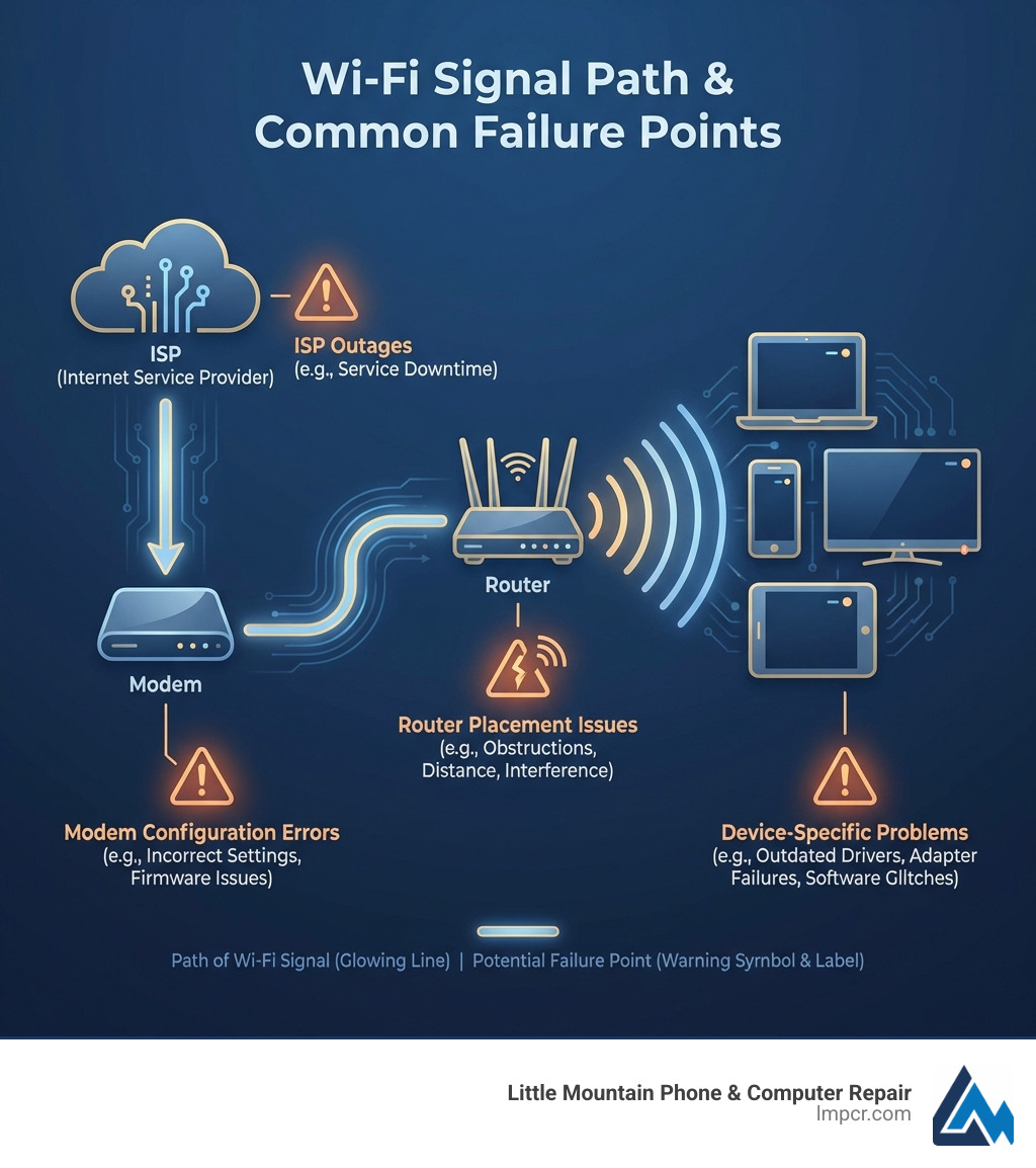 Infographic showing the path of Wi-Fi signals from ISP through modem and router to connected devices, with common failure points marked at each stage including ISP outages, modem configuration errors, router placement issues, and device-specific problems - Wifi connectivity issues infographic 