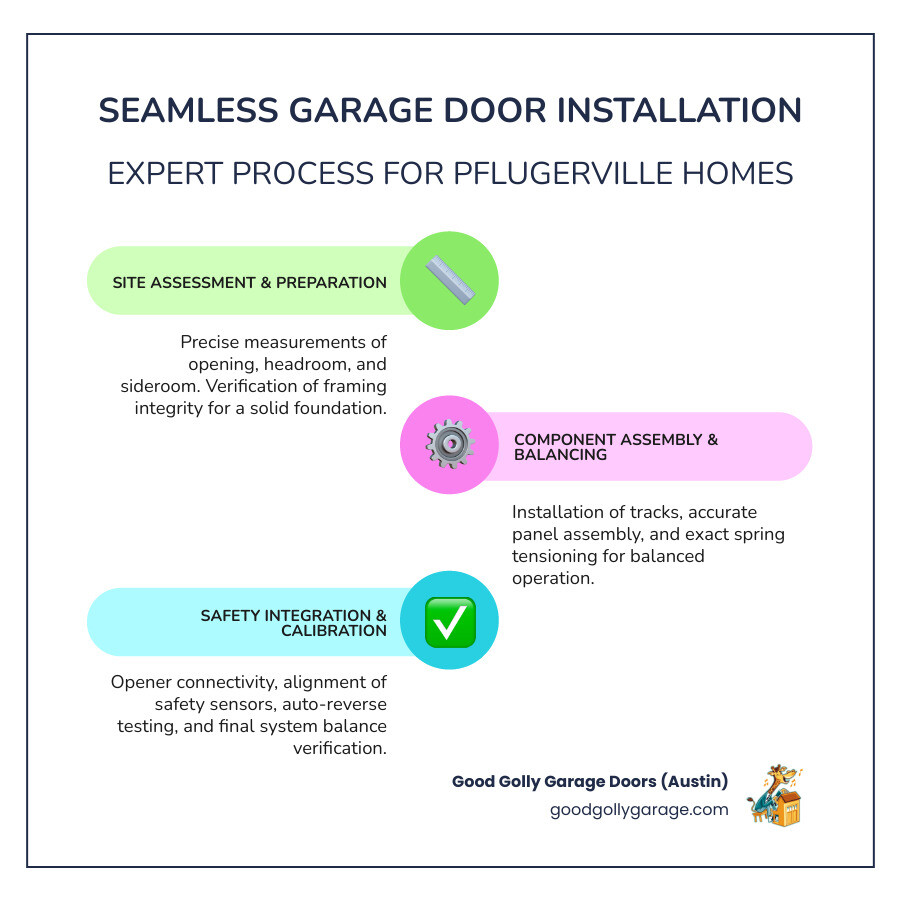 Infographic showing the complete garage door installation process: site assessment and measurement, safe removal of existing equipment, installation of heavy-duty tracks and brackets with laser leveling, panel assembly with proper roller insertion and hinge securing, spring winding and balancing to exact torque specifications, opener connectivity with programming of travel limits and force settings, safety sensor alignment and auto-reverse testing, and final calibration with balance test verification - Seamless Setups: Expert Garage Door Installation in Pflugerville tx infographic infographic-line-3-steps-colors