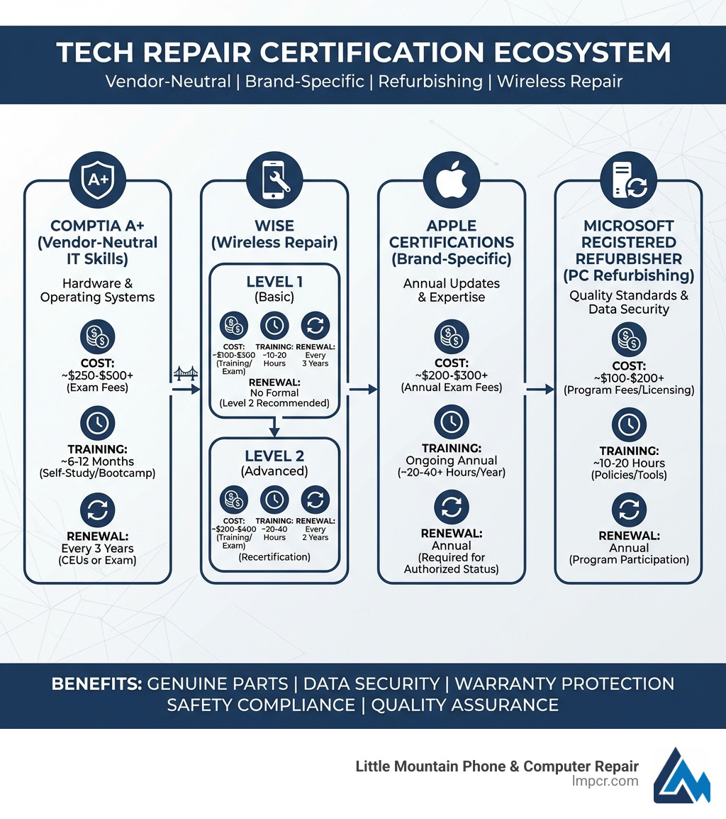 infographic showing the certification ecosystem including CompTIA A+ for vendor-neutral IT skills covering hardware and operating systems, WISE Level 1 and Level 2 for wireless device repair with increasing complexity, Apple certifications for brand-specific expertise with annual updates, and Microsoft Registered Refurbisher for PC refurbishing, with each certification path showing costs, training hours, and renewal requirements - Certified tech repair infographic infographic showing the certification ecosystem including CompTIA A+ for vendor-neutral IT skills covering hardware and operating systems, WISE Level 1 and Level 2 for wireless device repair with increasing complexity, Apple certifications for brand-specific expertise with annual updates, and Microsoft Registered Refurbisher for PC refurbishing, with each certification path showing costs, training hours, and renewal requirements - Certified tech repair infographic