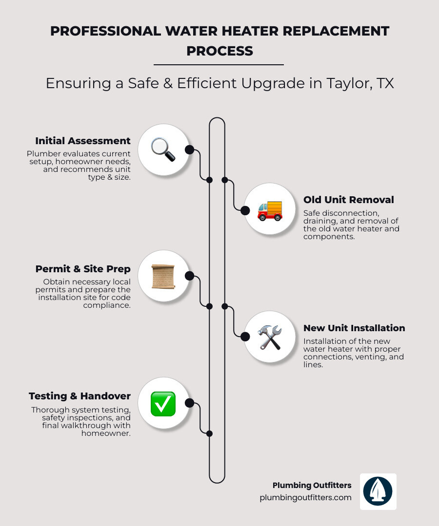 Infographic showing the step-by-step process of professional water heater replacement including initial assessment, old unit removal, permit verification, installation of new unit with code-compliant connections, testing and safety inspection, and final walkthrough with homeowner - "Compare prices for water heater replacement in Taylor, TX from different companies." infographic infographic-line-5-steps-elegant_beige Professional water heater replacement process infographic detailing steps for safe and efficient upgrades in Taylor, TX, including initial assessment, old unit removal, permit preparation, new unit installation, and testing.
