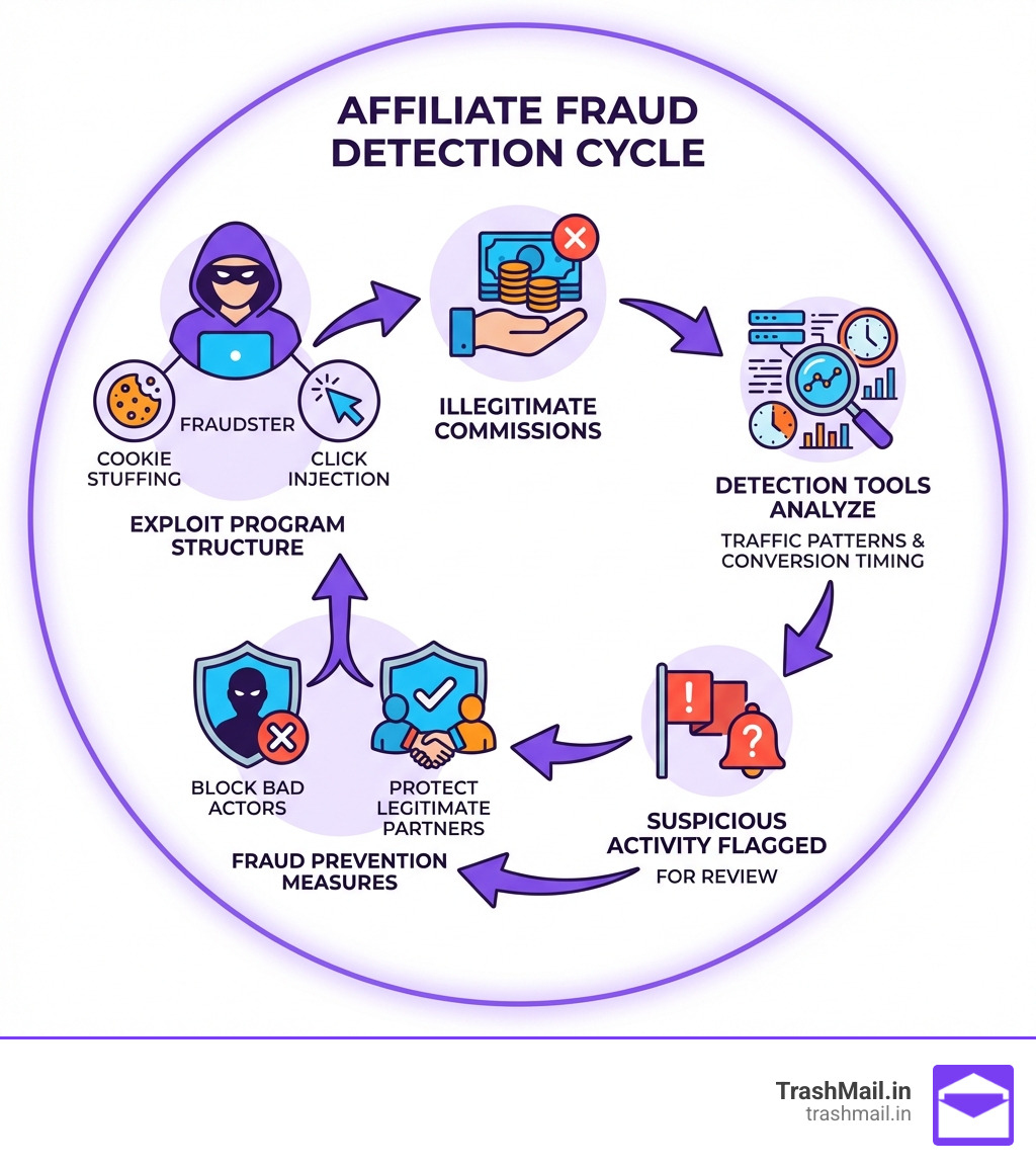 Infographic showing the affiliate fraud detection cycle: fraudster exploits program structure through cookie stuffing or click injection, illegitimate commissions are claimed, detection tools analyze traffic patterns and conversion timing, suspicious activity is flagged for review, and fraud prevention measures block bad actors while protecting legitimate partners - affiliate fraud detection infographic 