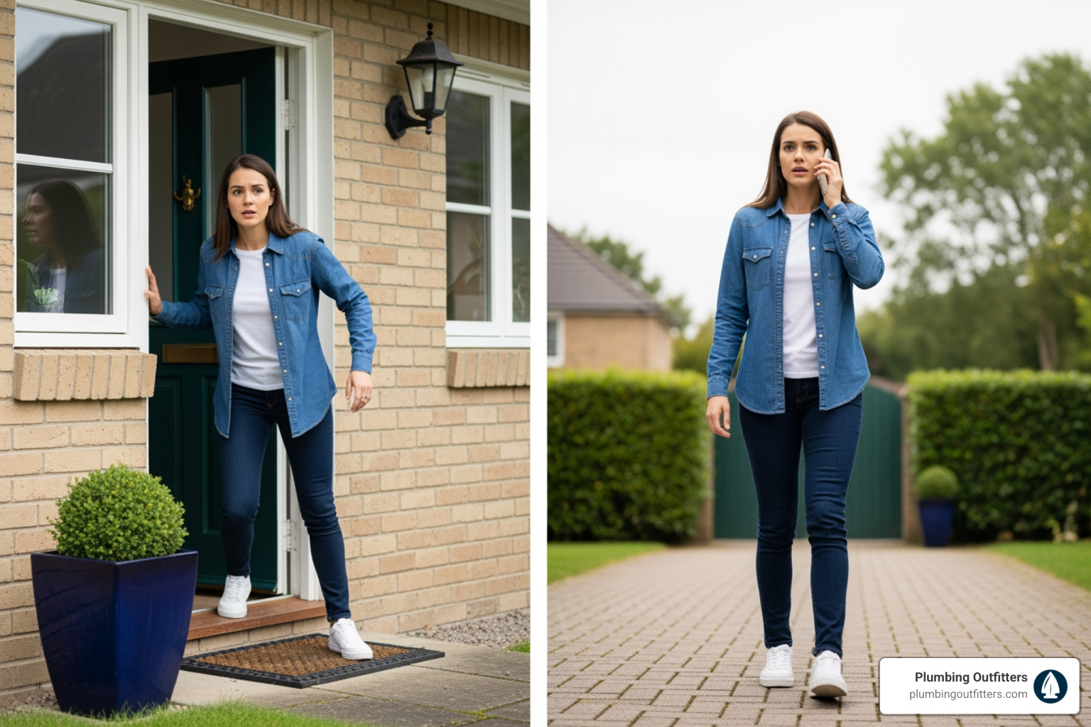 Infographic showing four-step emergency gas leak response: 1. Stop what you're doing immediately, 2. Do not touch any electrical switches or devices, 3. Leave the building and move to fresh air, 4. Call for help from a safe distance away from the building - Woman in denim shirt and jeans stepping out of a house, looking concerned while on the phone, emphasizing urgency in response to a potential gas leak.