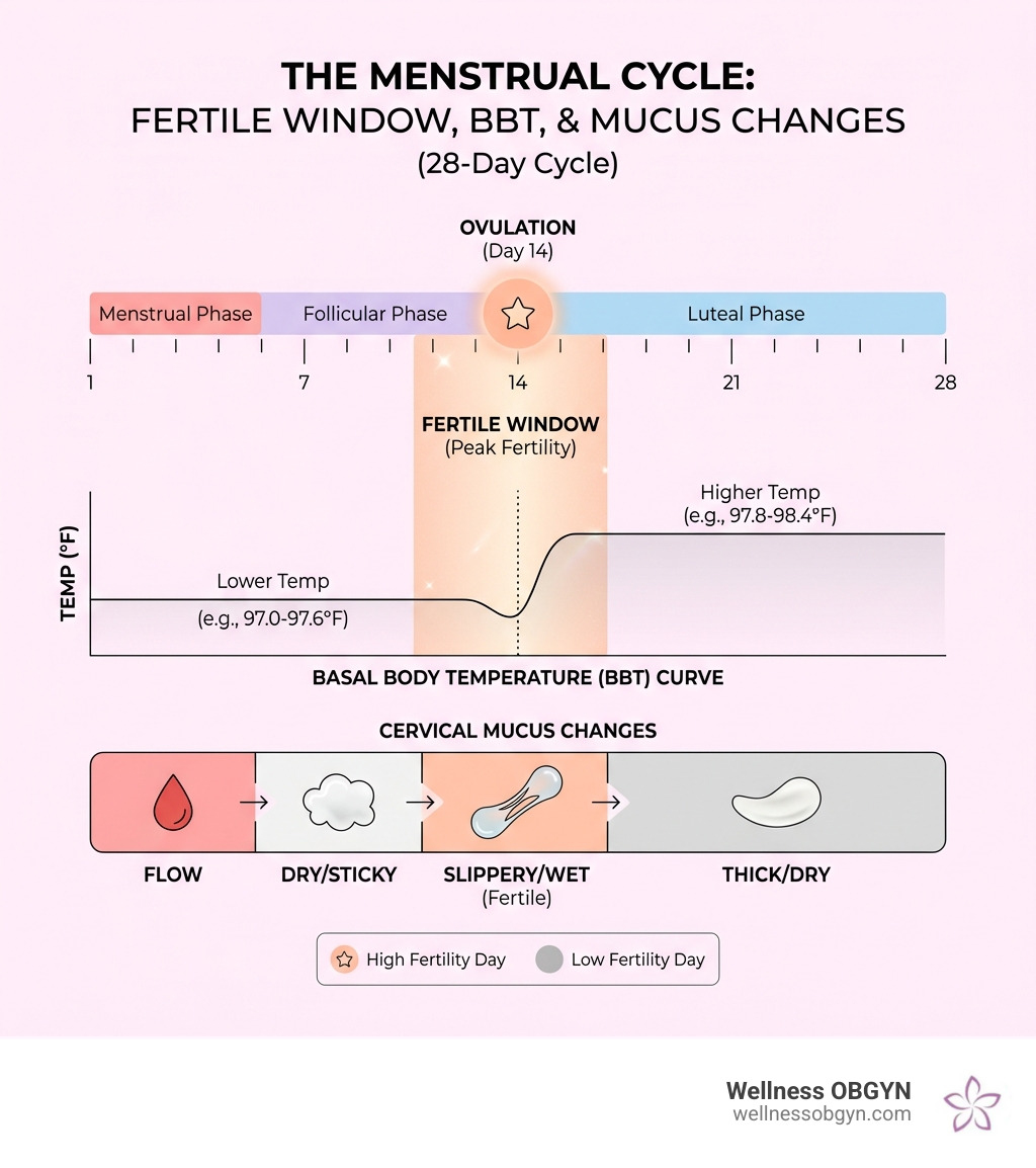 infographic showing the female menstrual cycle with fertile window highlighted, basal body temperature curve, cervical mucus changes throughout the cycle, and ovulation timing marked at day 14 of a 28-day cycle - 5 natural methods of contraception infographic infographic showing the female menstrual cycle with fertile window highlighted, basal body temperature curve, cervical mucus changes throughout the cycle, and ovulation timing marked at day 14 of a 28-day cycle - 5 natural methods of contraception infographic