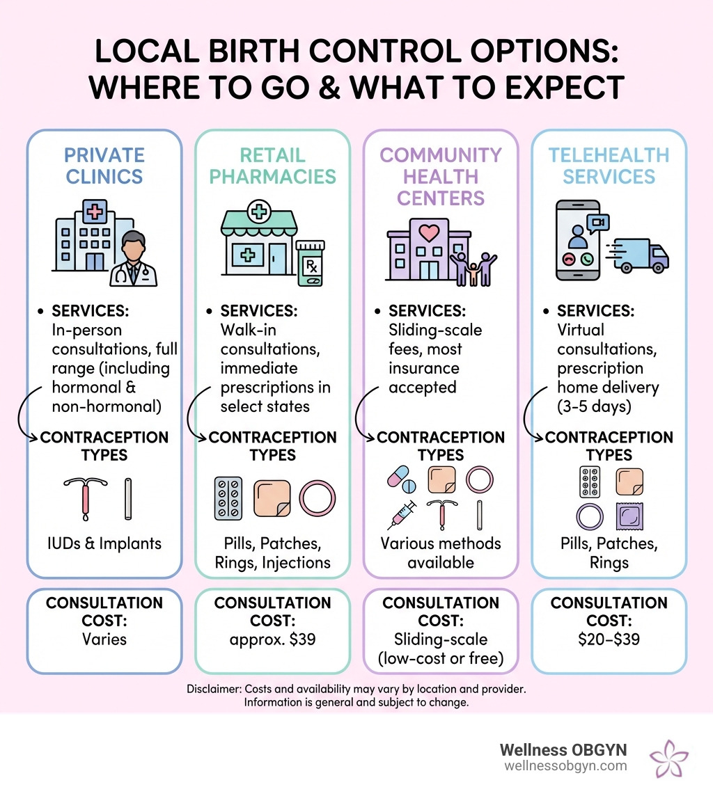 Infographic showing local birth control options: private clinics offering IUDs and implants, retail pharmacies with walk-in prescriptions, community health centers with sliding-scale fees, and telehealth services with home delivery; includes consultation costs ranging from $20-$39 and types of contraception available at each location - birth control services near me infographic 