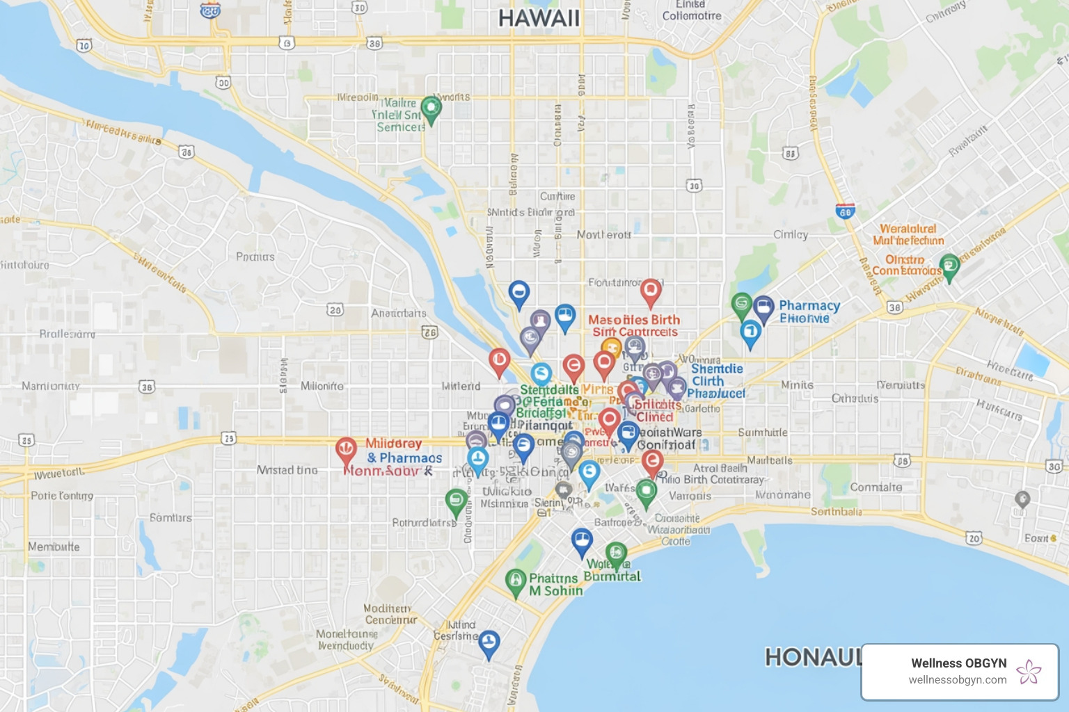 Map showing various local healthcare providers and pharmacies in Honolulu, HI, that offer birth control services - birth control services near me