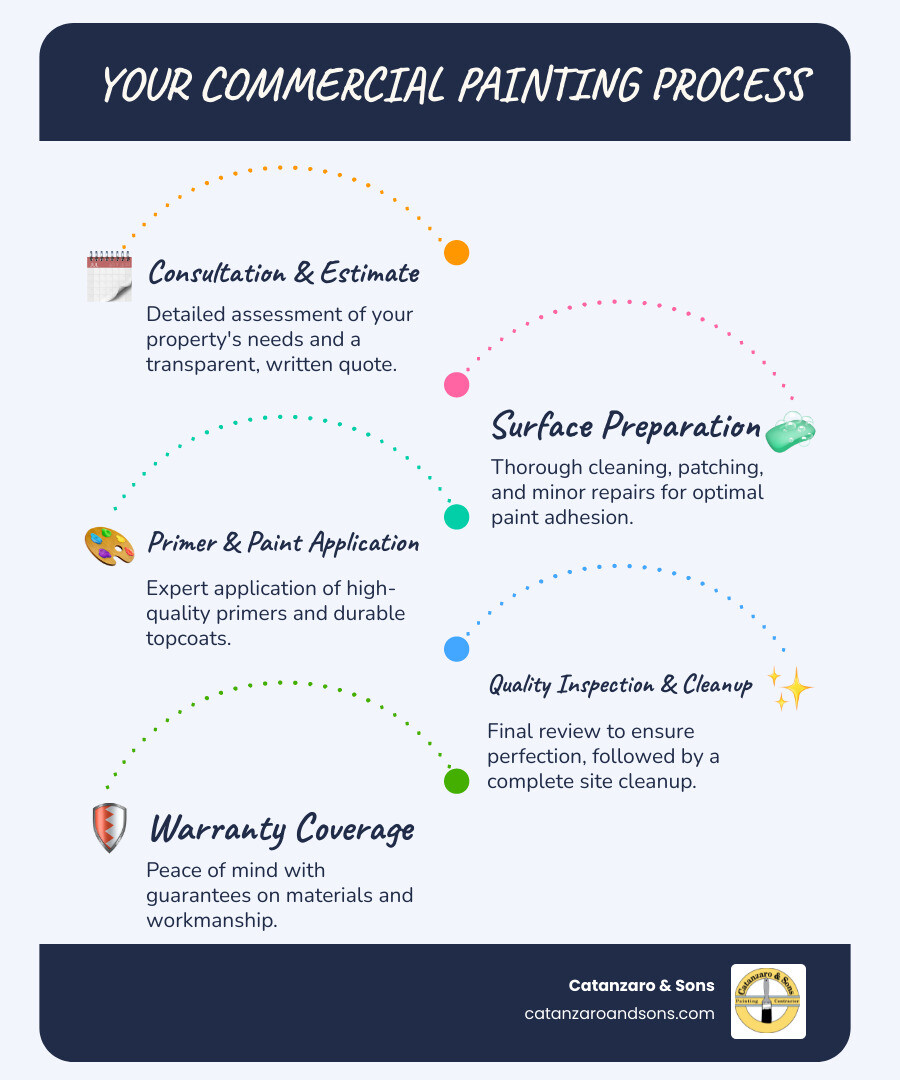 infographic showing the commercial painting process: consultation and estimate, surface preparation and repairs, application of primer and coats, quality inspection and cleanup, and warranty coverage - commercial painters warwick infographic infographic-line-5-steps-blues-accent_colors infographic showing the commercial painting process: consultation and estimate, surface preparation and repairs, application of primer and coats, quality inspection and cleanup, and warranty coverage - commercial painters warwick infographic infographic-line-5-steps-blues-accent_colors