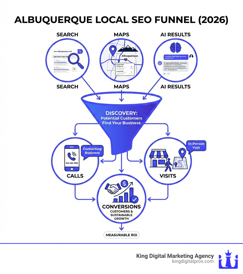 Local Seo Funnel Showing How Albuquerque Customers Discover Businesses Through Search, Maps, And Ai-Powered Results, Leading To Calls, Visits, And Conversions - Seo Albuquerque Nm Infographic 