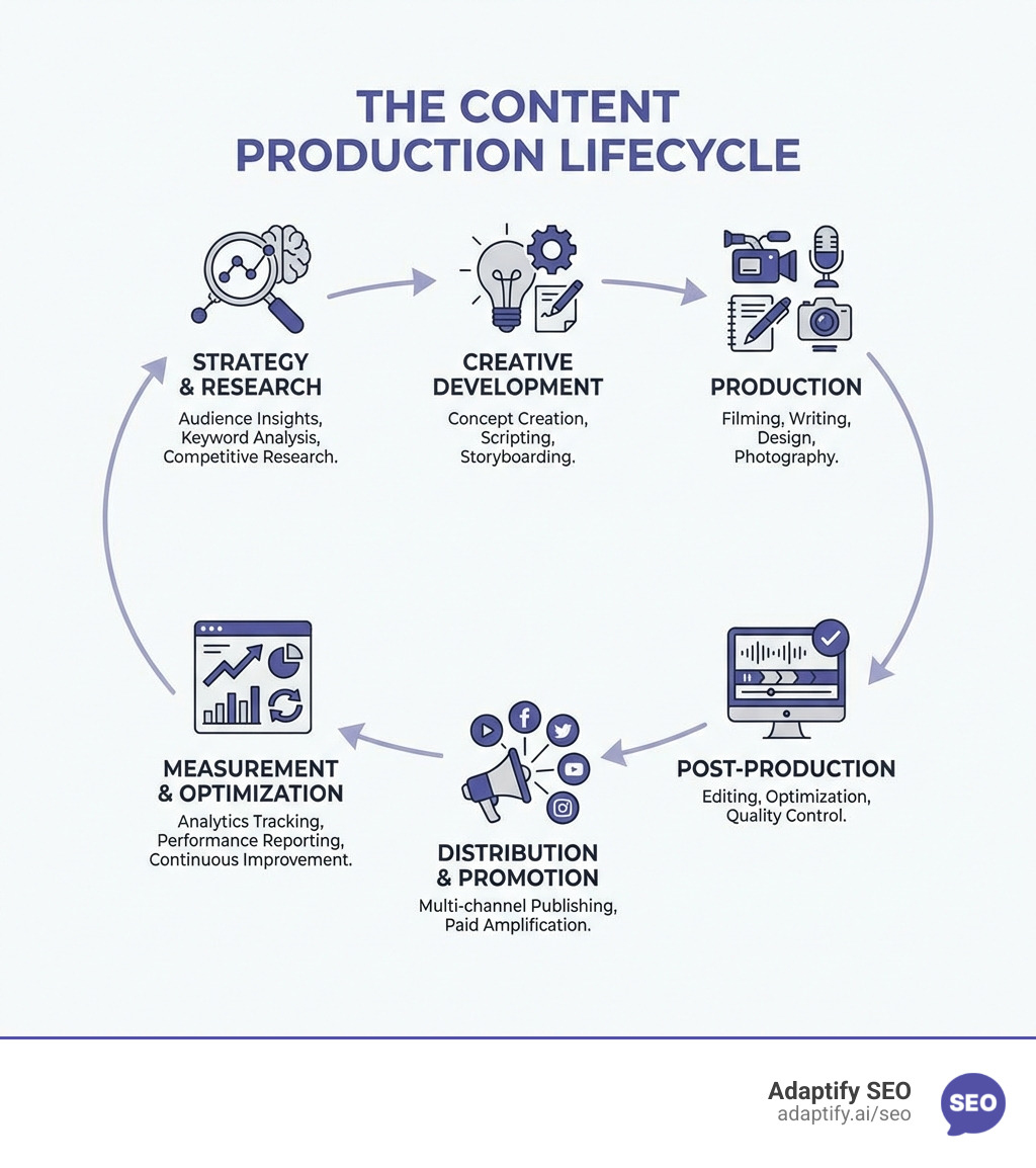 Infographic showing the content production lifecycle: Strategy & Research (audience insights, keyword analysis, competitive research) → Creative Development (concept creation, scripting, storyboarding) → Production (filming, writing, design, photography) → Post-Production (editing, optimization, quality control) → Distribution & Promotion (multi-channel publishing, paid amplification) → Measurement & Optimization (analytics tracking, performance reporting, continuous improvement) - content production agency infographic 
