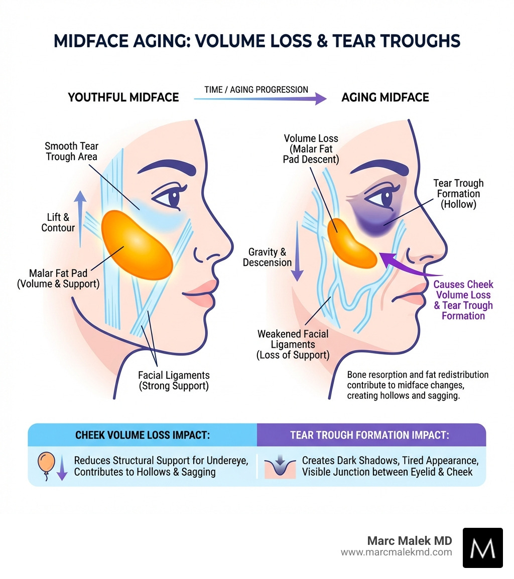 infographic showing the relationship between cheek volume loss, tear trough formation, and the role of facial ligaments and fat pads in midface aging - cheek and tear trough filler infographic infographic showing the relationship between cheek volume loss, tear trough formation, and the role of facial ligaments and fat pads in midface aging - cheek and tear trough filler infographic