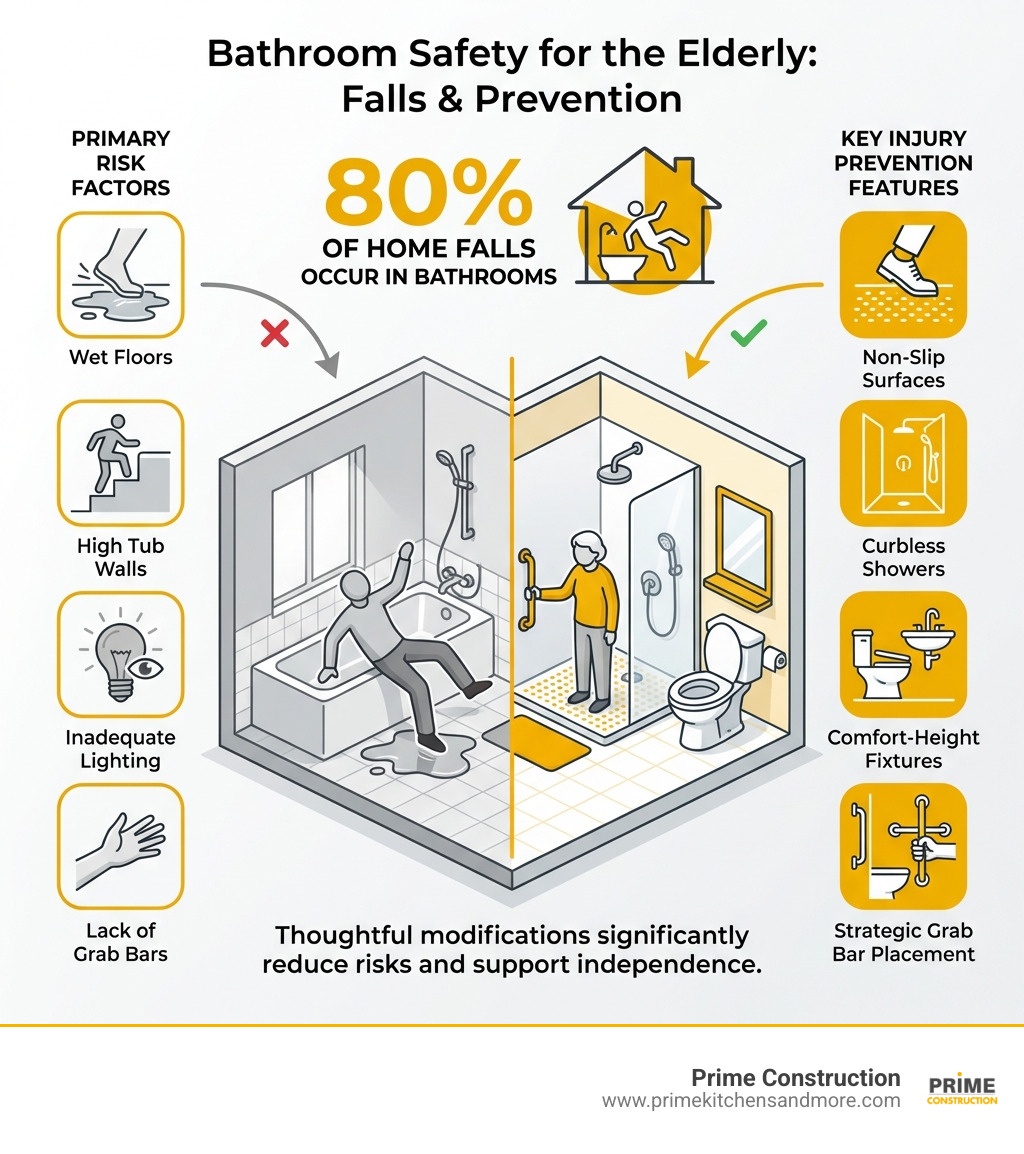 Infographic showing bathroom fall statistics: 80% of home falls occur in bathrooms, with primary risk factors including wet floors, high tub walls, inadequate lighting, and lack of grab bars. Key injury prevention features highlighted include non-slip surfaces, comfort-height fixtures, curbless showers, and strategic grab bar placement near toilets and in bathing areas. - bathroom renovations for elderly infographic 
