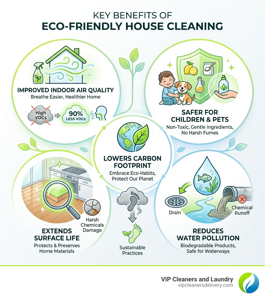 Infographic showing the key benefits of eco-friendly house cleaning: improved indoor air quality with 90% less VOCs, safer for children and pets with non-toxic ingredients, extends surface life by avoiding harsh chemicals, reduces water pollution with biodegradable products, and lowers carbon footprint through sustainable practices - eco-friendly house cleaning infographic 