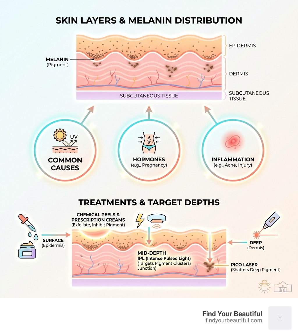 infographic showing skin layers with melanin distribution, common causes of hyperpigmentation including sun exposure, hormones, and inflammation, and how different treatments target pigment at various depths - san antonio skin lightening clinic infographic 
