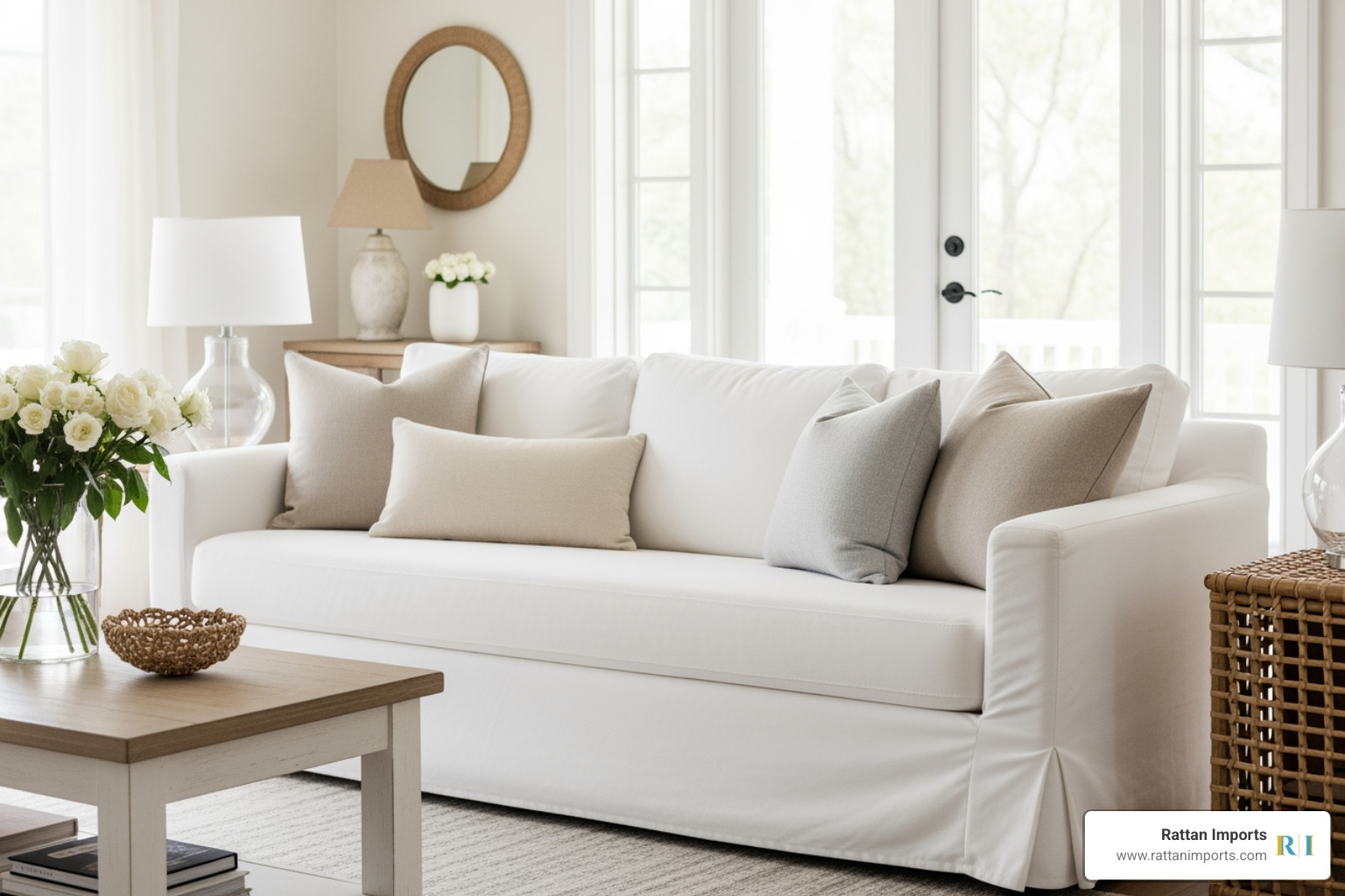 White slipcovered sofa with neutral pillows - Nancy Meyers style furniture