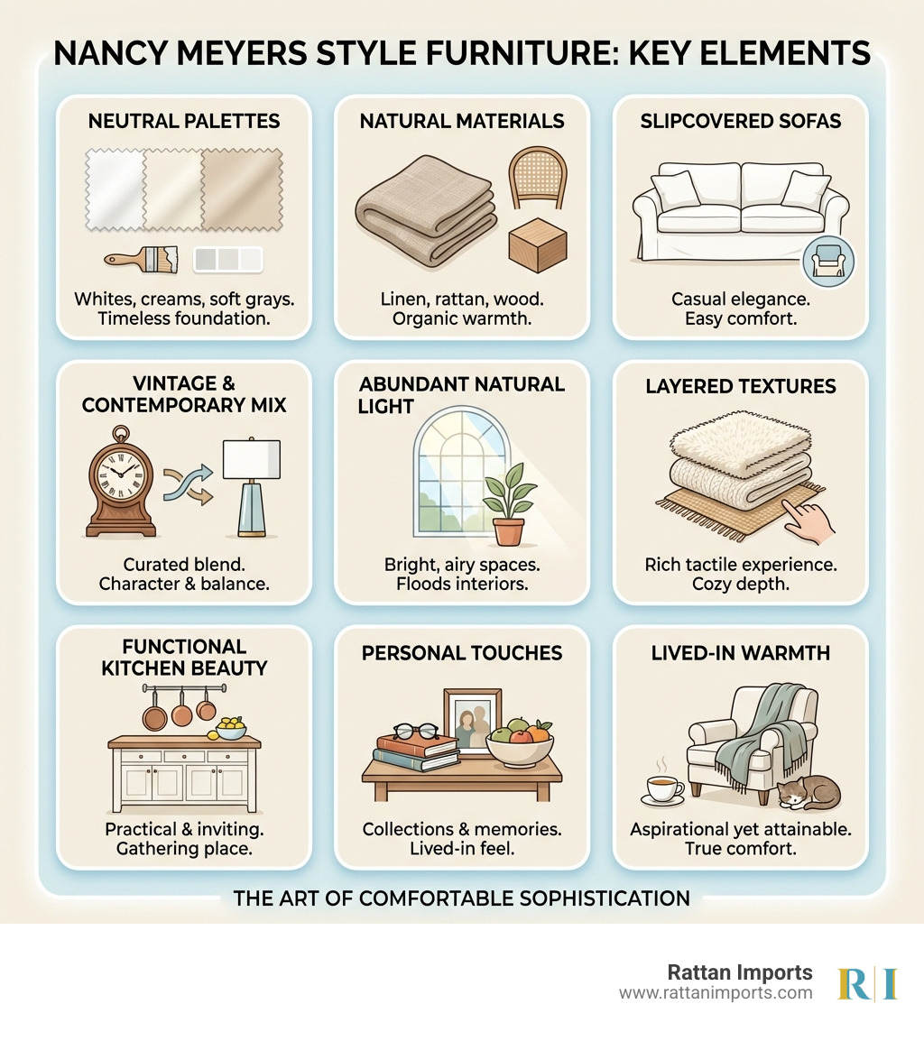 Infographic showing the key elements of Nancy Meyers style furniture including neutral color palettes, natural materials like linen and rattan, slipcovered sofas, vintage mixed with contemporary pieces, abundant natural light, layered textures, functional beauty in kitchens, and personal touches that create lived-in warmth - Nancy Meyers style furniture infographic 