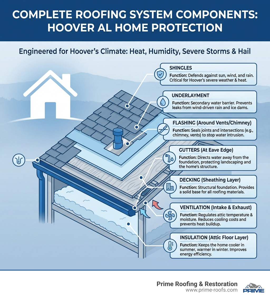 infographic explaining the components of a complete roofing system including shingles, underlayment, flashing, ventilation, gutters, decking, and insulation with labels for each layer and their function in protecting a Hoover Alabama home - hoover al roofing infographic 