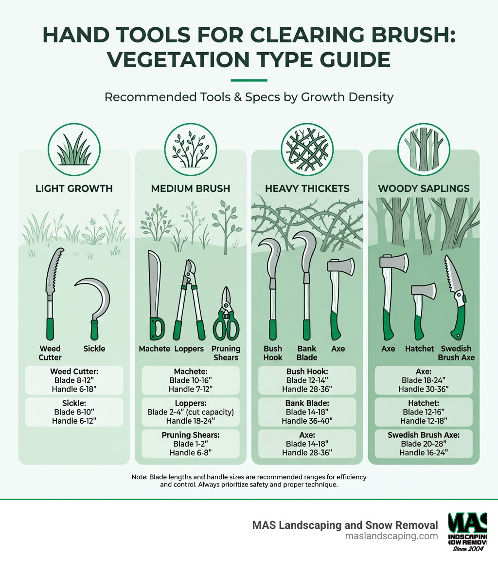 infographic showing different types of brush clearing hand tools categorized by vegetation type: light growth (weed cutters, sickles), medium brush (machetes, loppers, pruning shears), heavy thickets (bush hooks, bank blades, axes), and woody saplings (axes, hatchets, Swedish brush axes) with recommended blade lengths and handle sizes for each category - hand tools for clearing brush infographic 