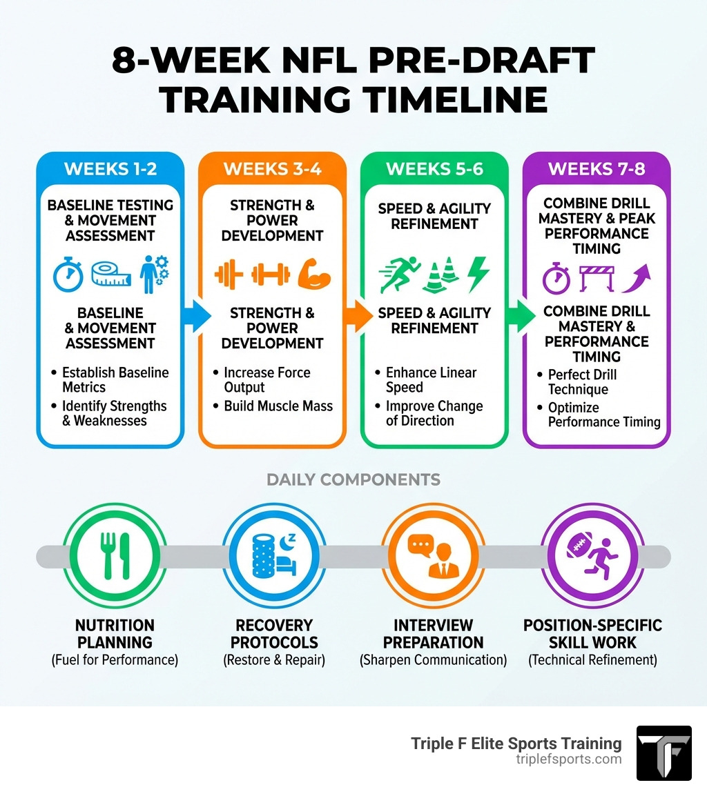 Infographic showing the 8-week NFL pre-draft training timeline with weekly focus areas: Weeks 1-2 baseline testing and movement assessment, Weeks 3-4 strength and power development, Weeks 5-6 speed and agility refinement, Weeks 7-8 combine drill mastery and peak performance timing, plus daily components of nutrition planning, recovery protocols, interview preparation, and position-specific skill work - nfl pre draft training infographic Infographic showing the 8-week NFL pre-draft training timeline with weekly focus areas: Weeks 1-2 baseline testing and movement assessment, Weeks 3-4 strength and power development, Weeks 5-6 speed and agility refinement, Weeks 7-8 combine drill mastery and peak performance timing, plus daily components of nutrition planning, recovery protocols, interview preparation, and position-specific skill work - nfl pre draft training infographic