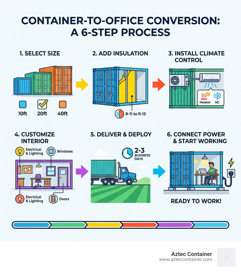Infographic showing the container-to-office conversion process: Step 1 - Select container size (10ft, 20ft, or 40ft), Step 2 - Add insulation (R-11 to R-13), Step 3 - Install climate control (heating and AC), Step 4 - Customize interior (electrical, lighting, windows, doors), Step 5 - Deliver and deploy (2-3 business days), Step 6 - Connect power and start working - insulated mobile office container for businesses infographic 