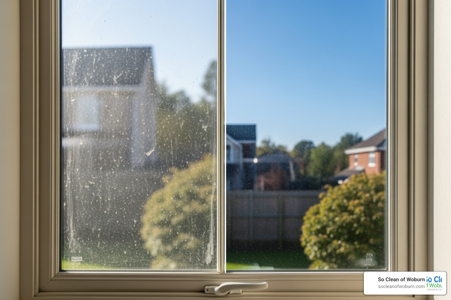 Image comparing a dirty window with a professionally cleaned one, showing a clear difference - window cleaning arlington ma