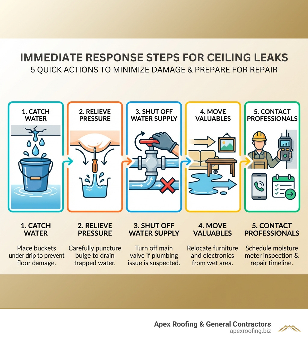 infographic explaining 5 immediate response steps for ceiling leaks including catch water with buckets, relieve ceiling bulge pressure, shut off main water supply, move furniture and valuables, and contact licensed professionals with moisture meter inspection and repair timeline - ceiling water leakage solution infographic infographic explaining 5 immediate response steps for ceiling leaks including catch water with buckets, relieve ceiling bulge pressure, shut off main water supply, move furniture and valuables, and contact licensed professionals with moisture meter inspection and repair timeline - ceiling water leakage solution infographic