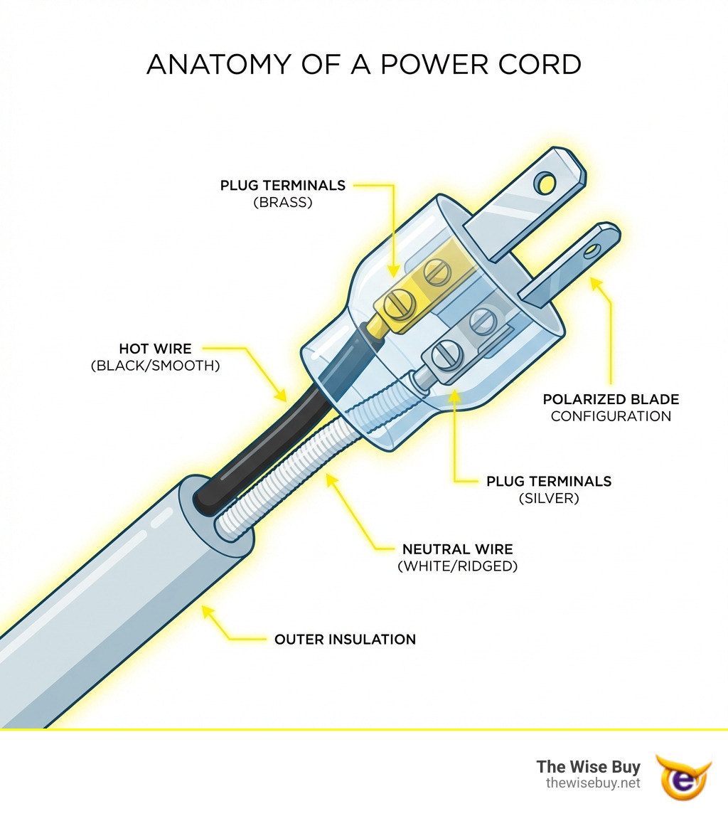Infographic showing anatomy of a power cord with labeled parts: outer insulation, inner wire insulation, hot wire (black/smooth), neutral wire (white/ridged), plug terminals (brass and silver), and polarized blade configuration - appliance cord replacement infographic 