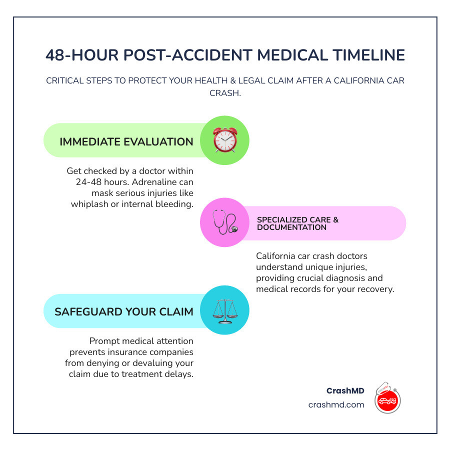 Infographic showing the 48-hour post-accident medical timeline, including immediate symptoms to watch for, when adrenaline wears off, delayed injury onset timeline, insurance claim impact of treatment delays, and recommended specialist types for different injury categories - california car crash doctors infographic infographic-line-3-steps-colors Infographic showing the 48-hour post-accident medical timeline, including immediate symptoms to watch for, when adrenaline wears off, delayed injury onset timeline, insurance claim impact of treatment delays, and recommended specialist types for different injury categories - california car crash doctors infographic infographic-line-3-steps-colors