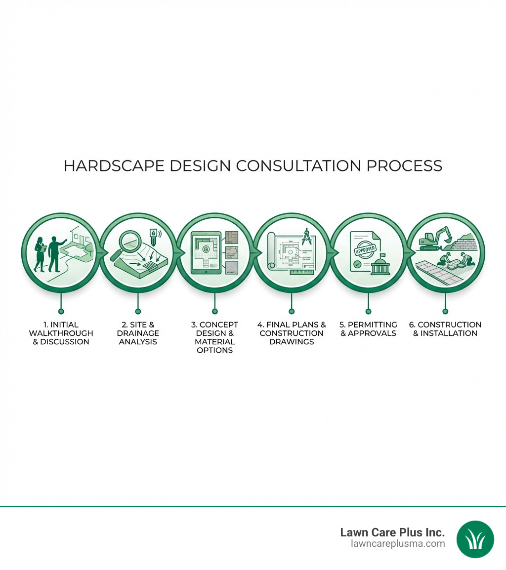 Infographic showing the hardscape design consultation process: 1. Initial site walkthrough and client discussion, 2. Site analysis including topography and drainage assessment, 3. Concept design with 2D layouts and material options, 4. Final design with scaled plans and construction drawings, 5. Permitting and approvals, 6. Construction and installation - Hardscape design consultation infographic 