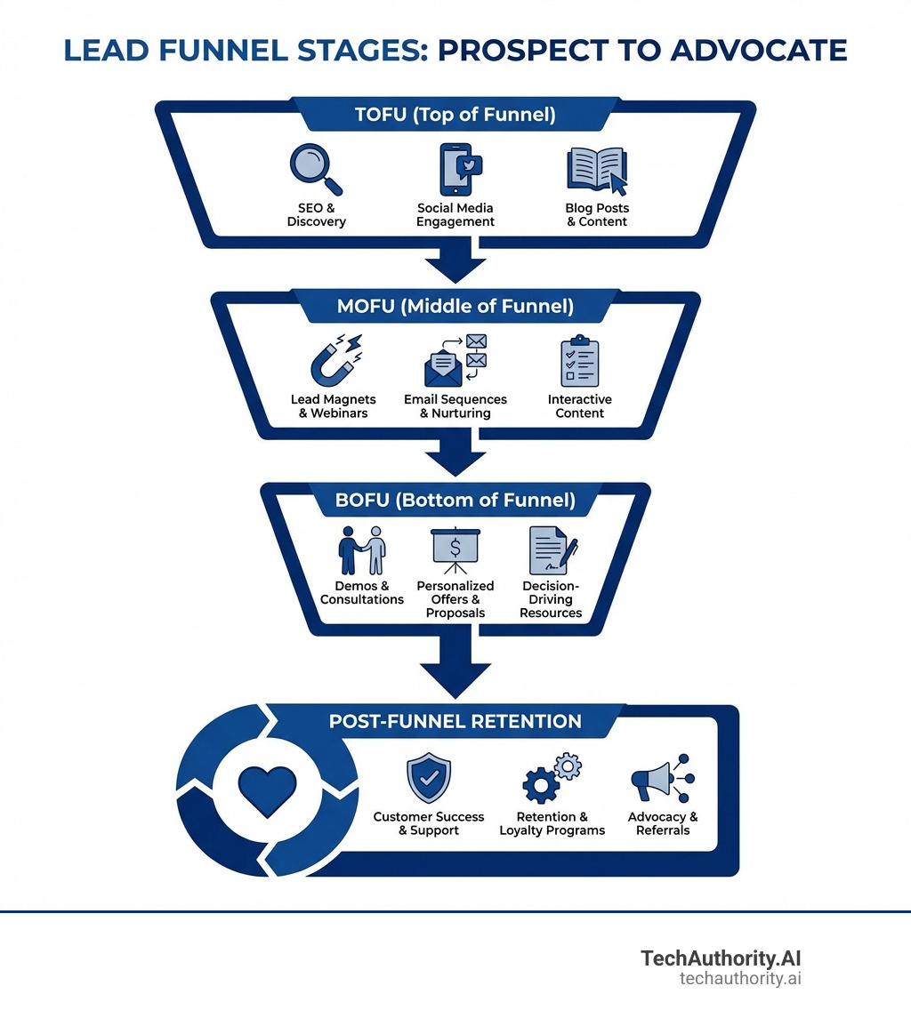 Infographic showing the three stages of a lead funnel: TOFU (Top of Funnel) with awareness tactics like blog posts and social media; MOFU (Middle of Funnel) with interest-building tactics like lead magnets and email sequences; and BOFU (Bottom of Funnel) with decision-driving tactics like demos and consultations, plus post-funnel retention strategies - lead funnel infographic 