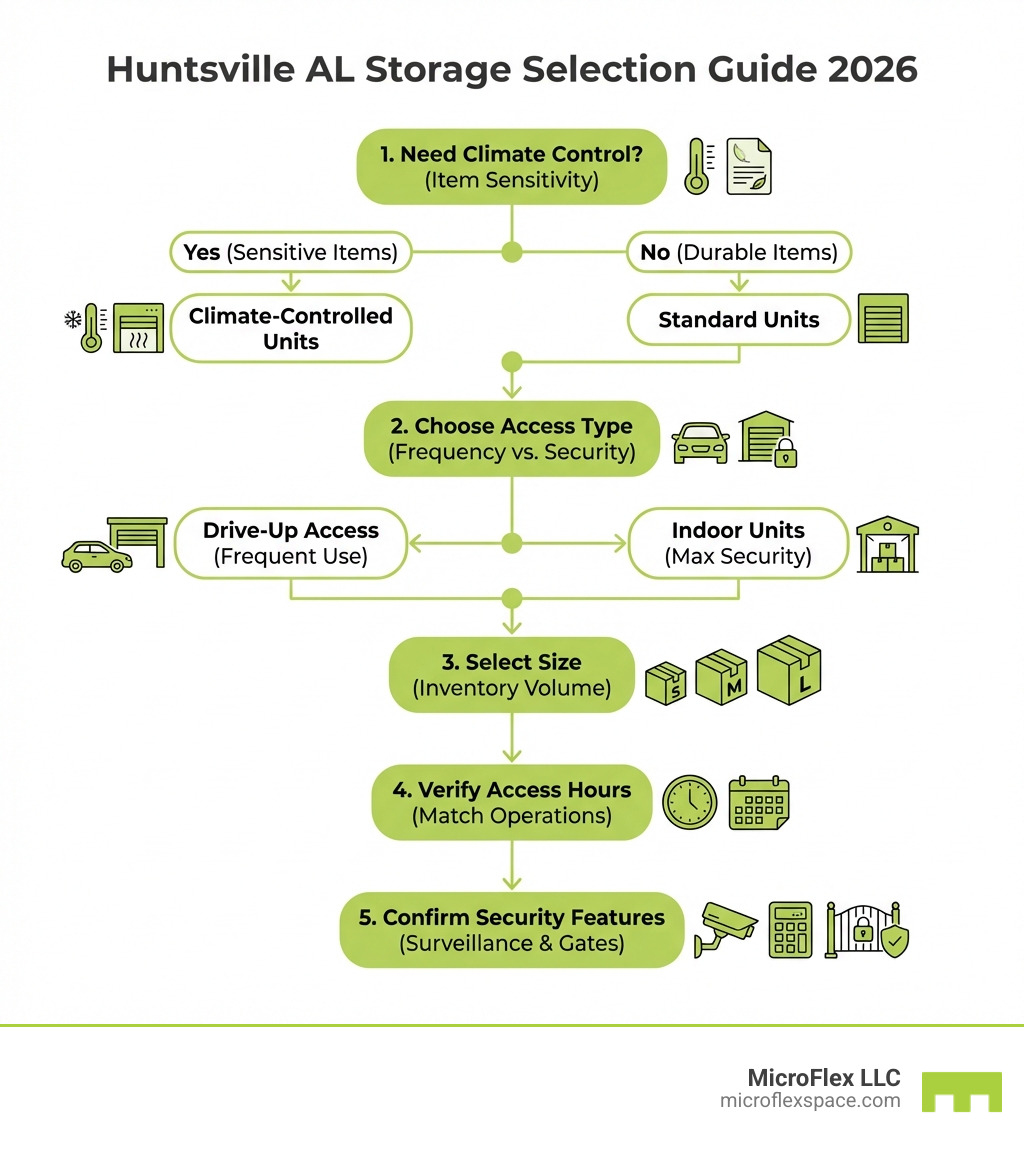 Infographic showing the decision tree for selecting storage units: First, determine if you need climate control based on item sensitivity; second, choose between drive-up access for frequent use or indoor units for maximum security; third, select size based on inventory volume; fourth, verify access hours match business operations; finally, confirm security features including surveillance and electronic gates - Huntsville AL storage units infographic Infographic showing the decision tree for selecting storage units: First, determine if you need climate control based on item sensitivity; second, choose between drive-up access for frequent use or indoor units for maximum security; third, select size based on inventory volume; fourth, verify access hours match business operations; finally, confirm security features including surveillance and electronic gates - Huntsville AL storage units infographic