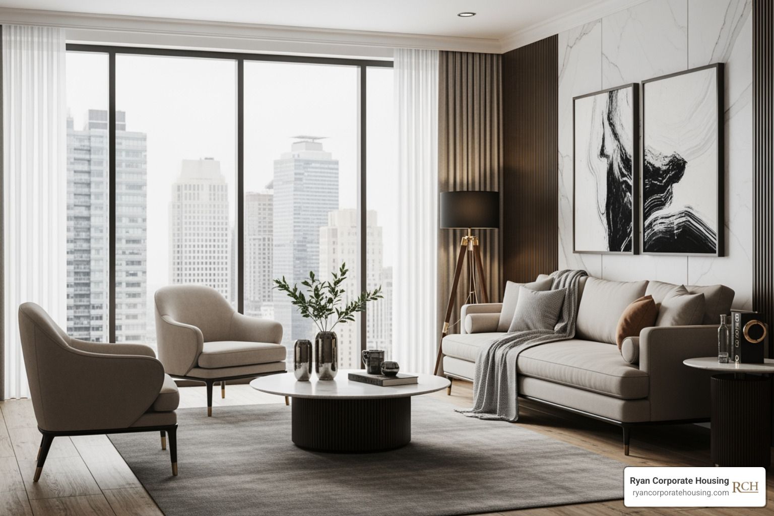 A modern furnished living room with large windows overlooking a city skyline - furnished apartments chicago for residents with parking included A modern furnished living room with large windows overlooking a city skyline - furnished apartments chicago for residents with parking included