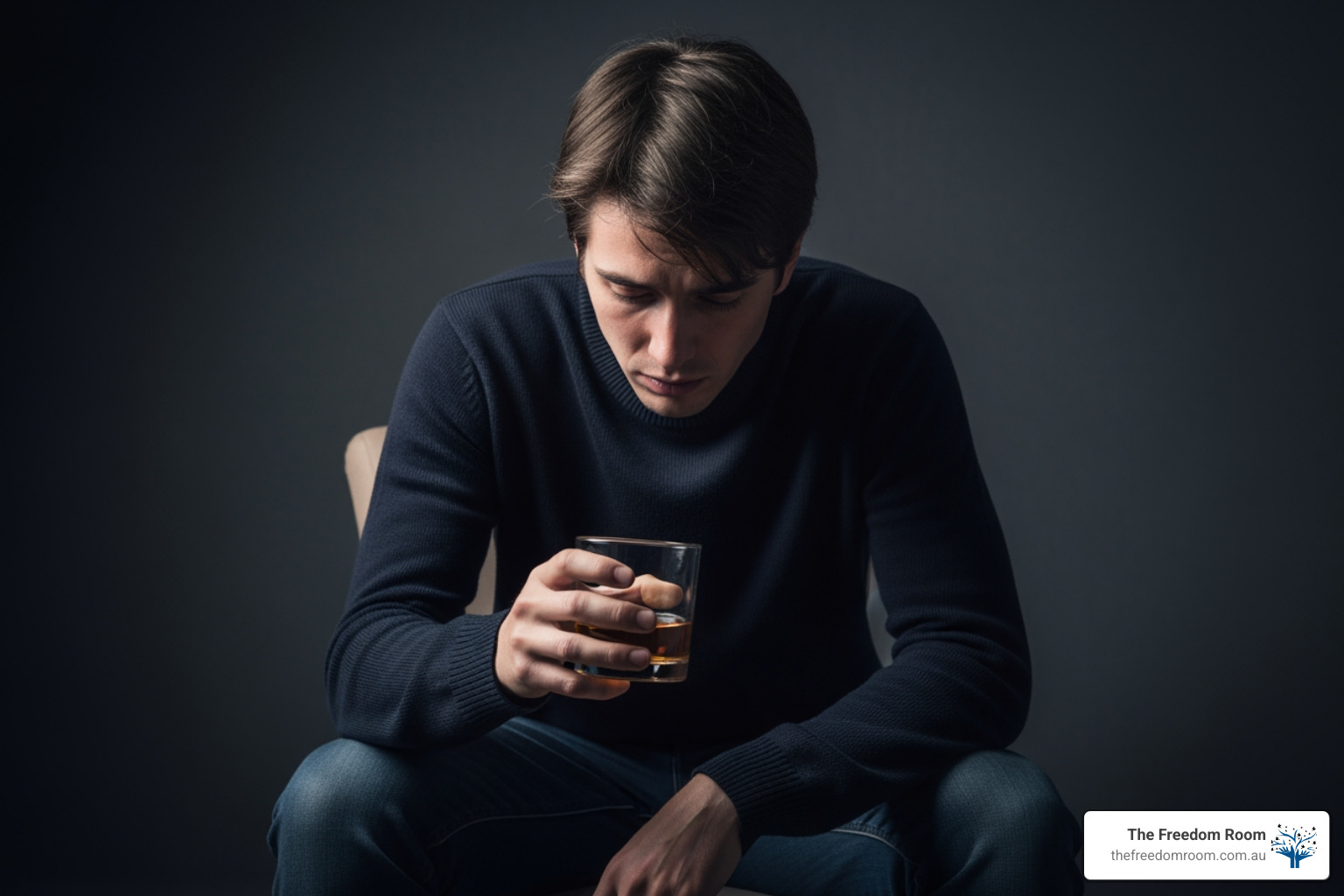A man sitting in shadow looking down at a glass of alcohol, illustrating the heavy emotional burden of drinking to cope. A man sitting in shadow looking down at a glass of alcohol, illustrating the heavy emotional burden of drinking to cope.