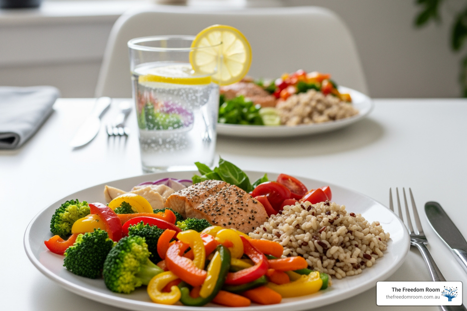 Healthy, colorful meals with salmon and vegetables, showcasing the nutritional benefits of an alcohol free life