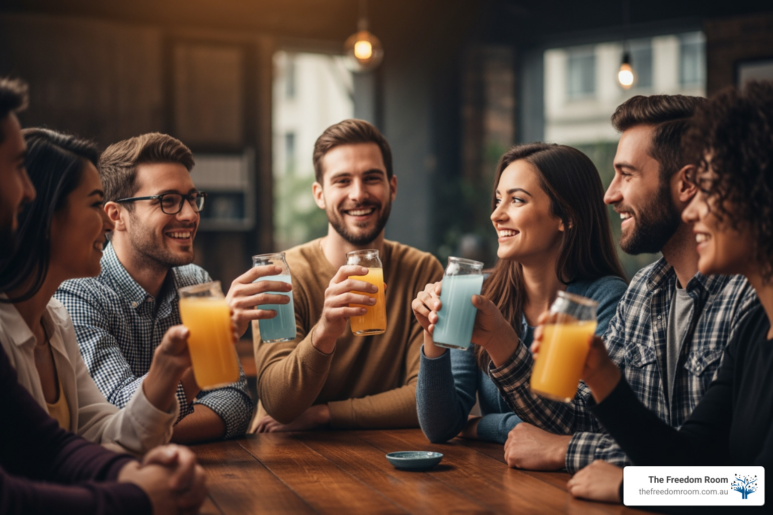 A group of friends laughing and toasting with colorful juices, showing the social joy of an alcohol free life.