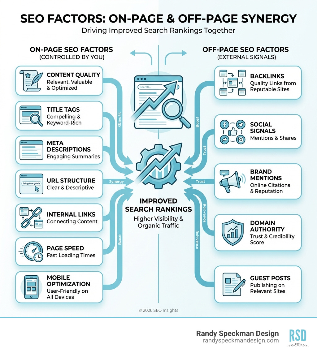 infographic showing on-page SEO factors including content quality, title tags, meta descriptions, URL structure, internal links, page speed, mobile optimization on the left side, and off-page SEO factors including backlinks, social signals, brand mentions, domain authority, guest posts on the right side, with arrows showing how they work together to improve search rankings - on page and off page seo factors infographic 