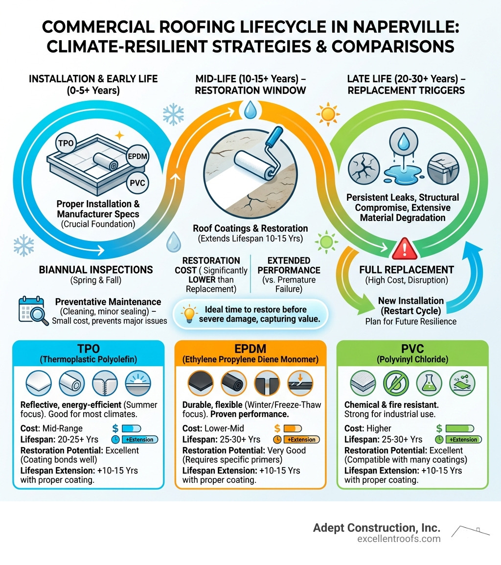 Commercial roofing lifecycle infographic showing inspection schedule, maintenance timeline, restoration windows, and replacement triggers with cost comparisons and lifespan extensions for TPO, EPDM, and PVC systems in Naperville climate conditions - Commercial roofing Naperville infographic Commercial roofing lifecycle infographic showing inspection schedule, maintenance timeline, restoration windows, and replacement triggers with cost comparisons and lifespan extensions for TPO, EPDM, and PVC systems in Naperville climate conditions - Commercial roofing Naperville infographic